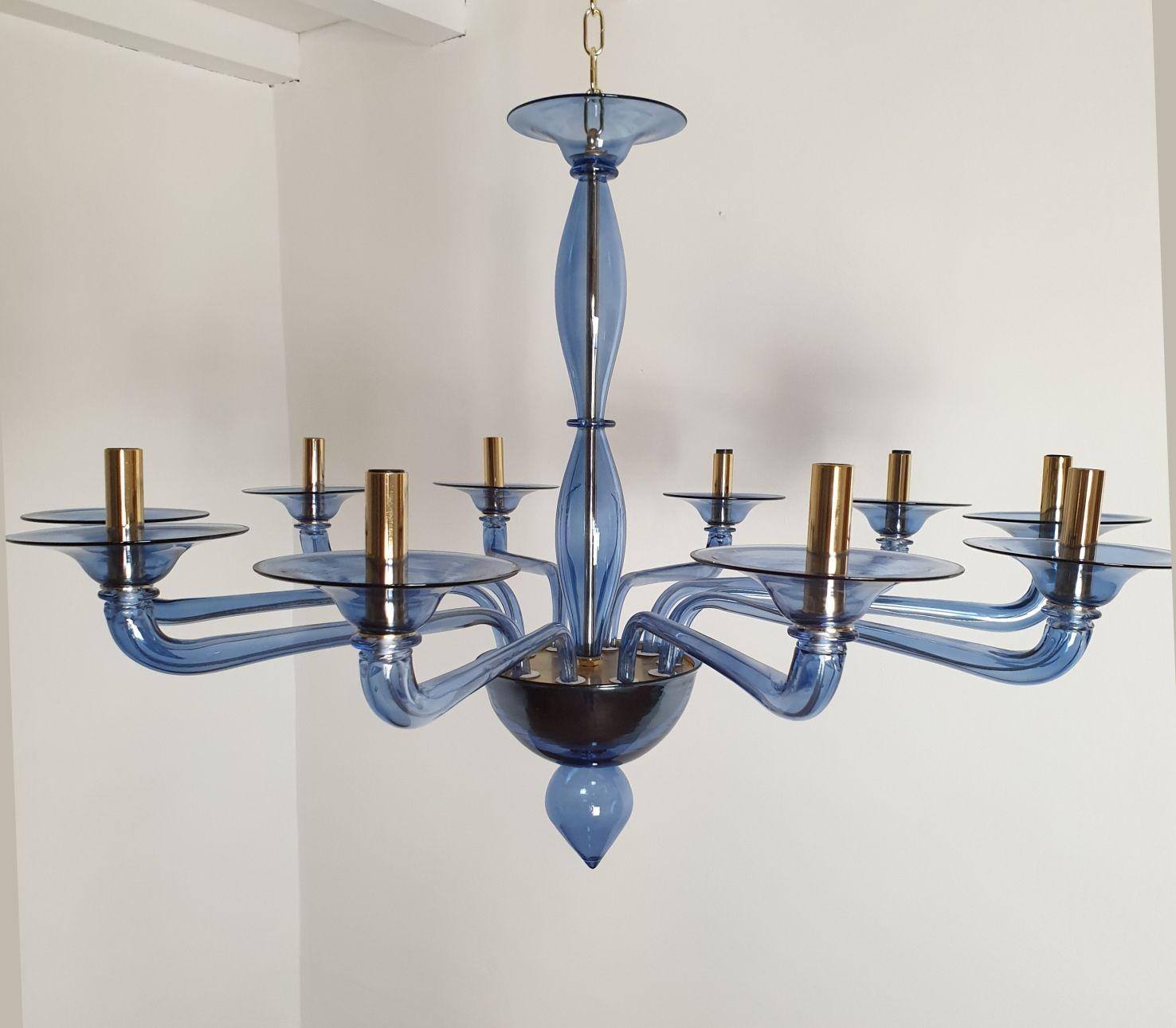 Large Mid-Century Modern Blue Murano Glass Chandelier In Excellent Condition In Dallas, TX