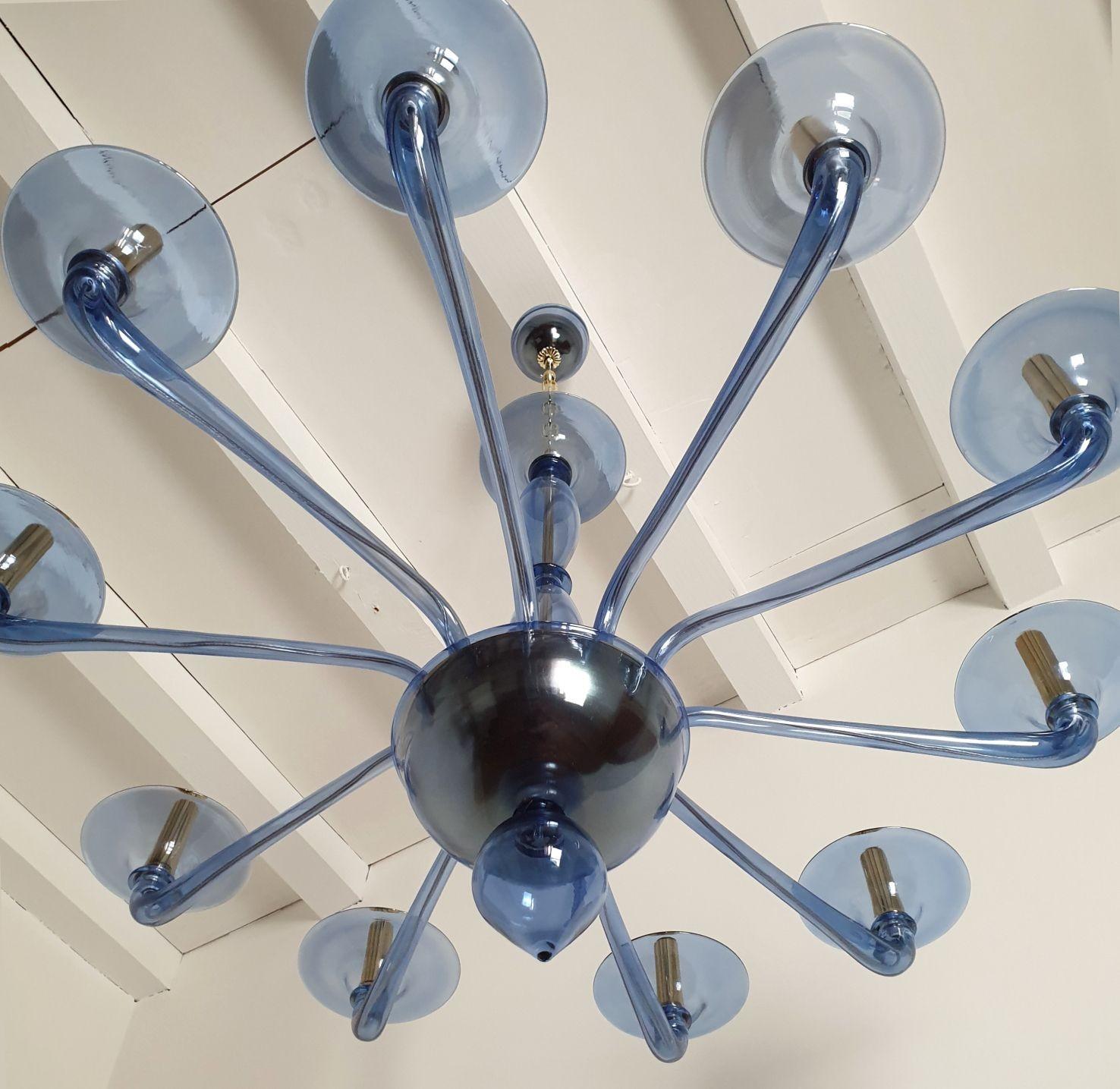 Gold Plate Large Mid-Century Modern Blue Murano Glass Chandelier