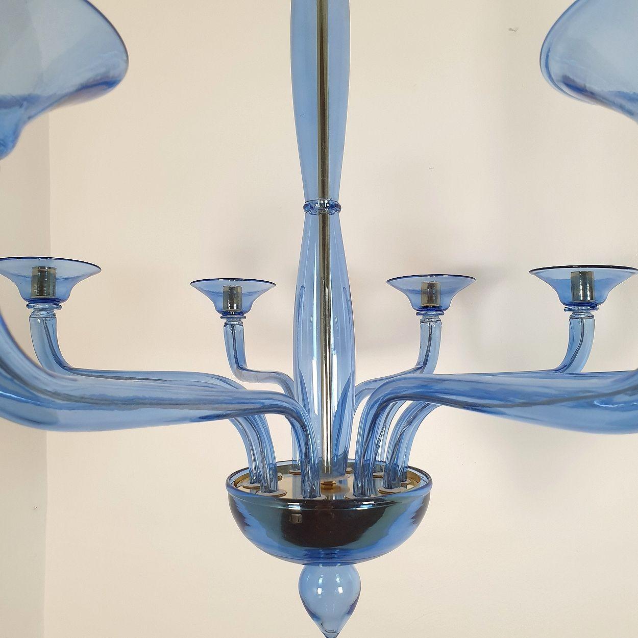 Gold Plate Large Mid-Century Modern Blue Murano Glass Chandelier For Sale