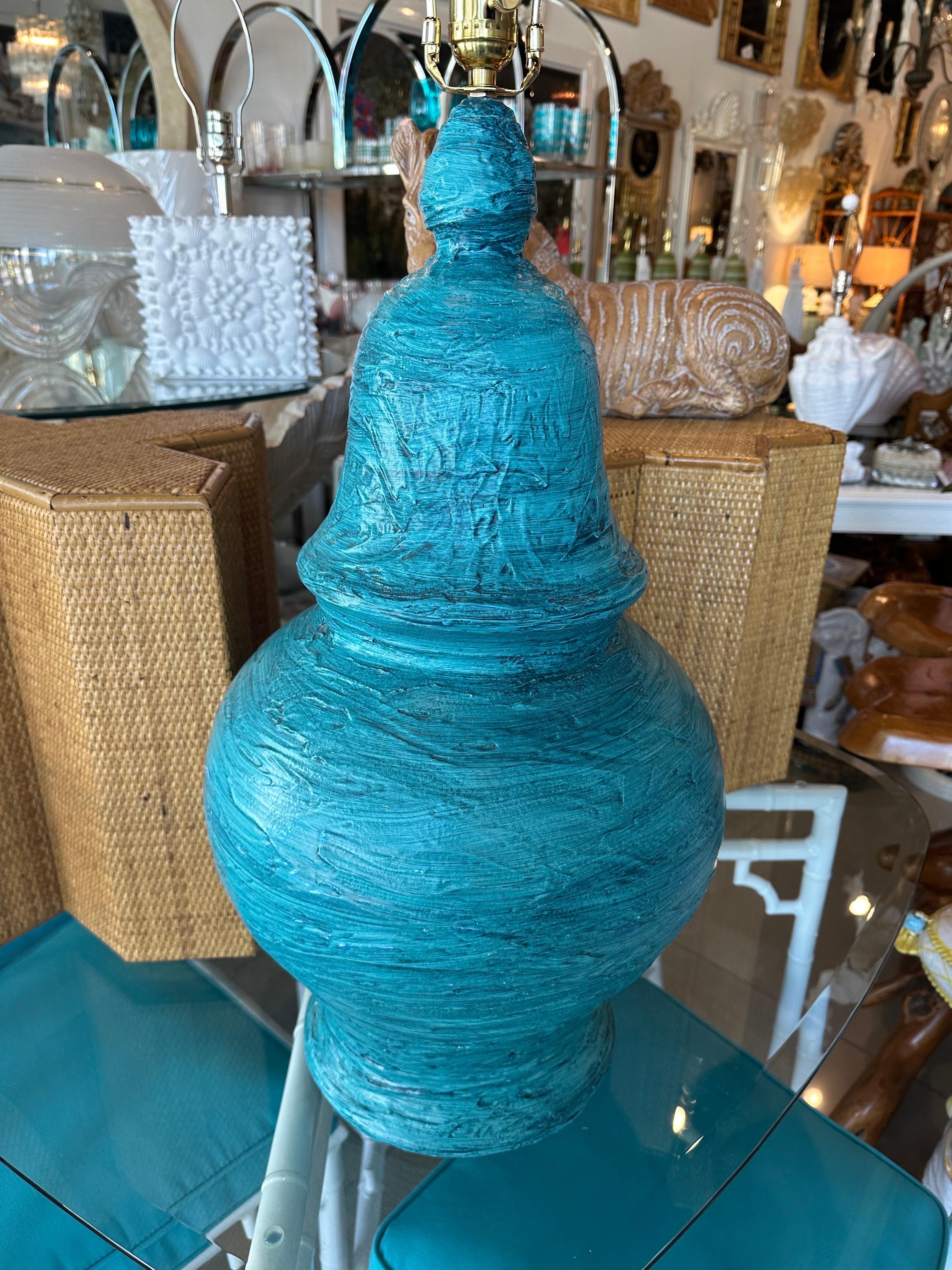 Large Mid-Century Modern Blue Terracotta Pottery Table Lamp Bitossi Style For Sale 5