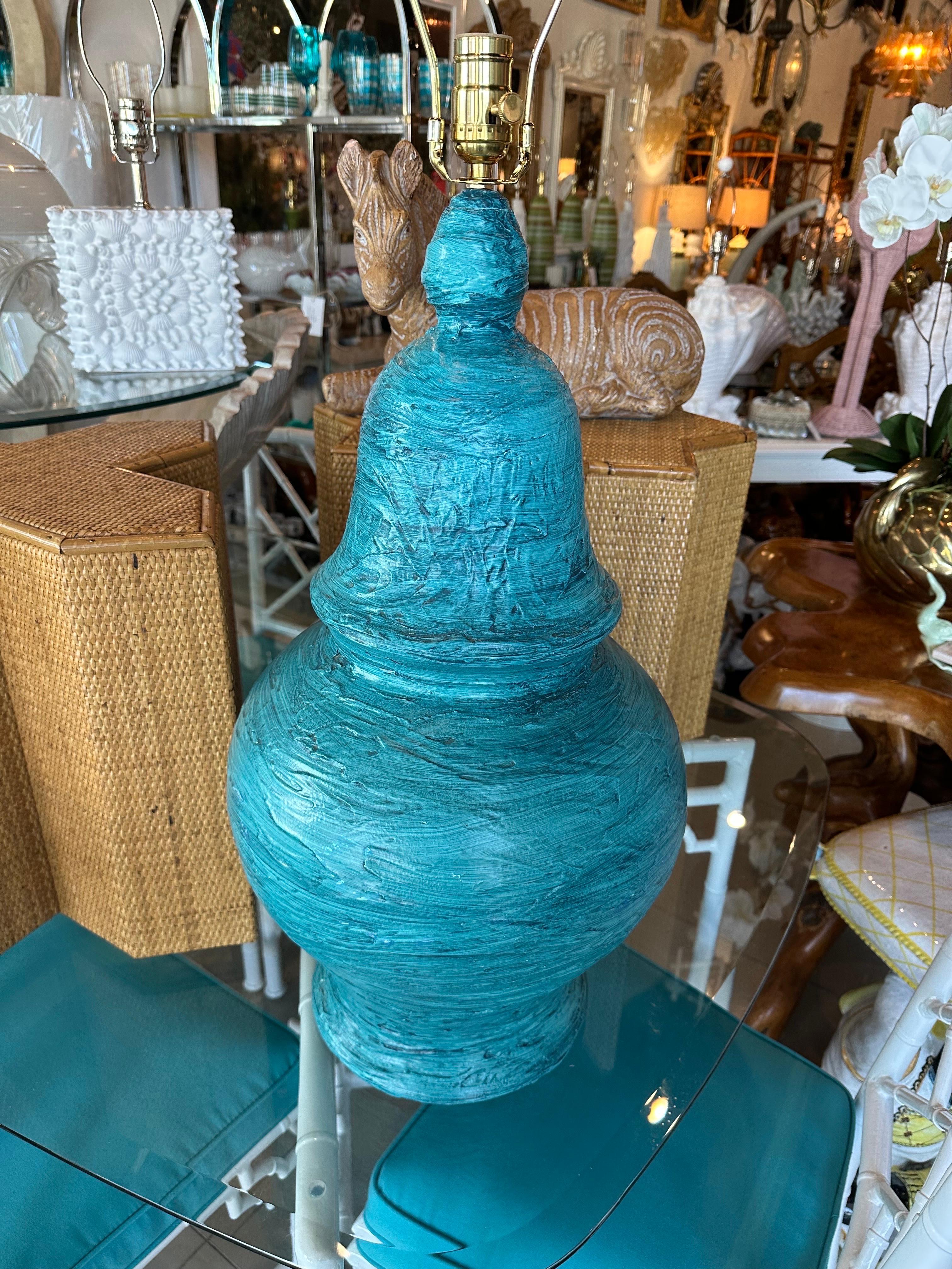 Large Mid-Century Modern Blue Terracotta Pottery Table Lamp Bitossi Style For Sale 1