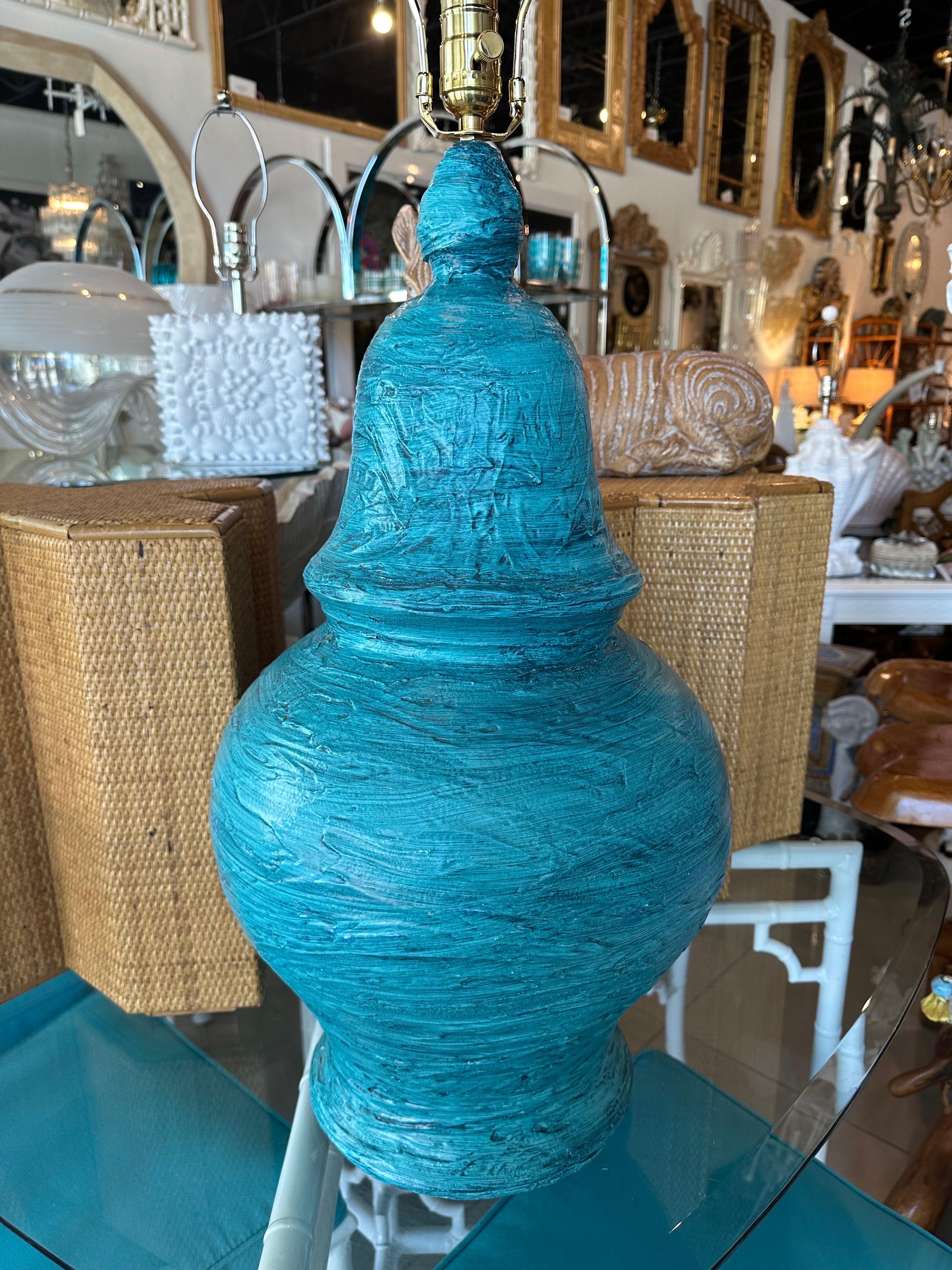 Large Mid-Century Modern Blue Terracotta Pottery Table Lamp Bitossi Style For Sale 2