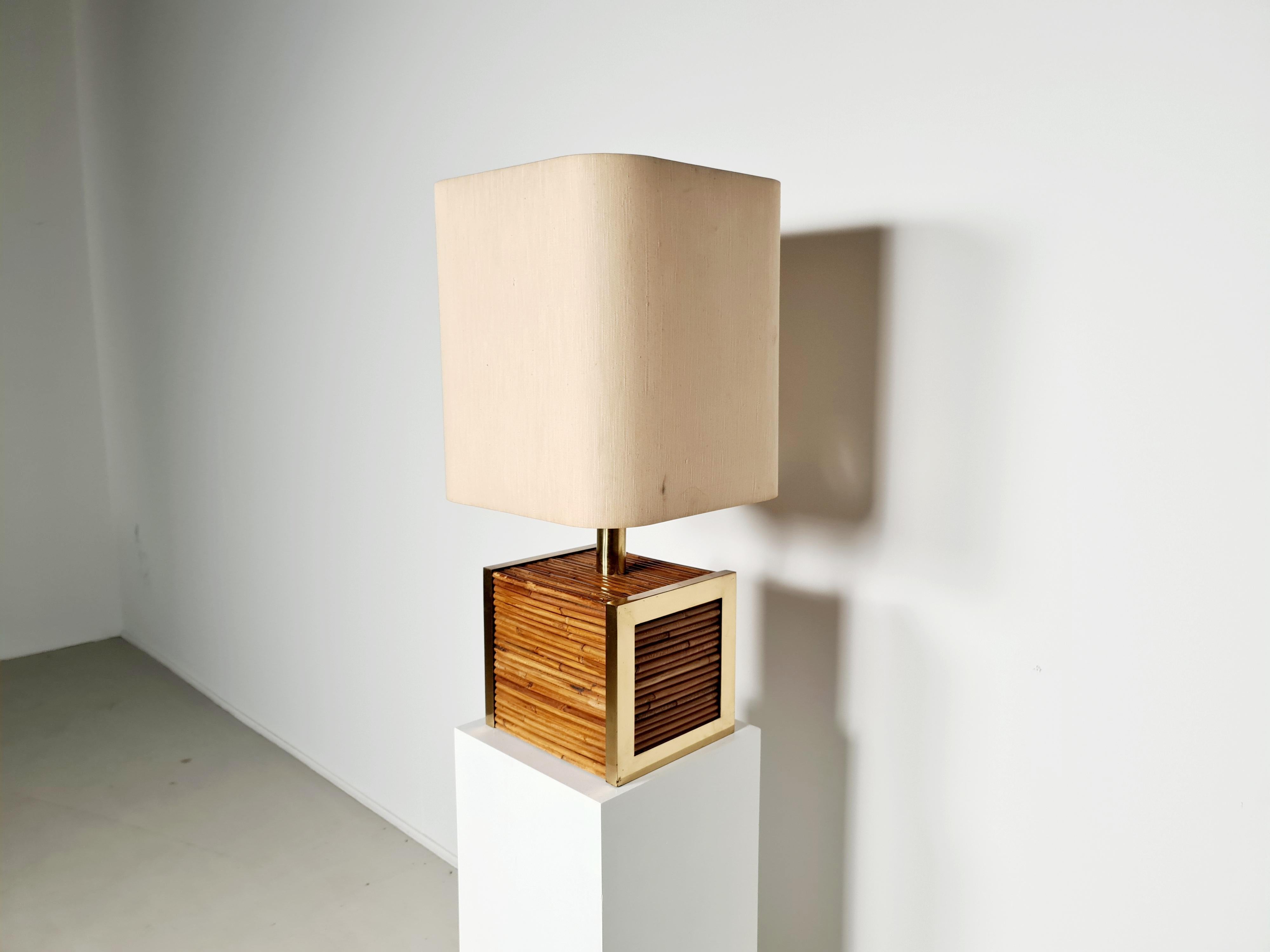 Italian Large Mid-Century Modern Brass and Bamboo Table Lamp