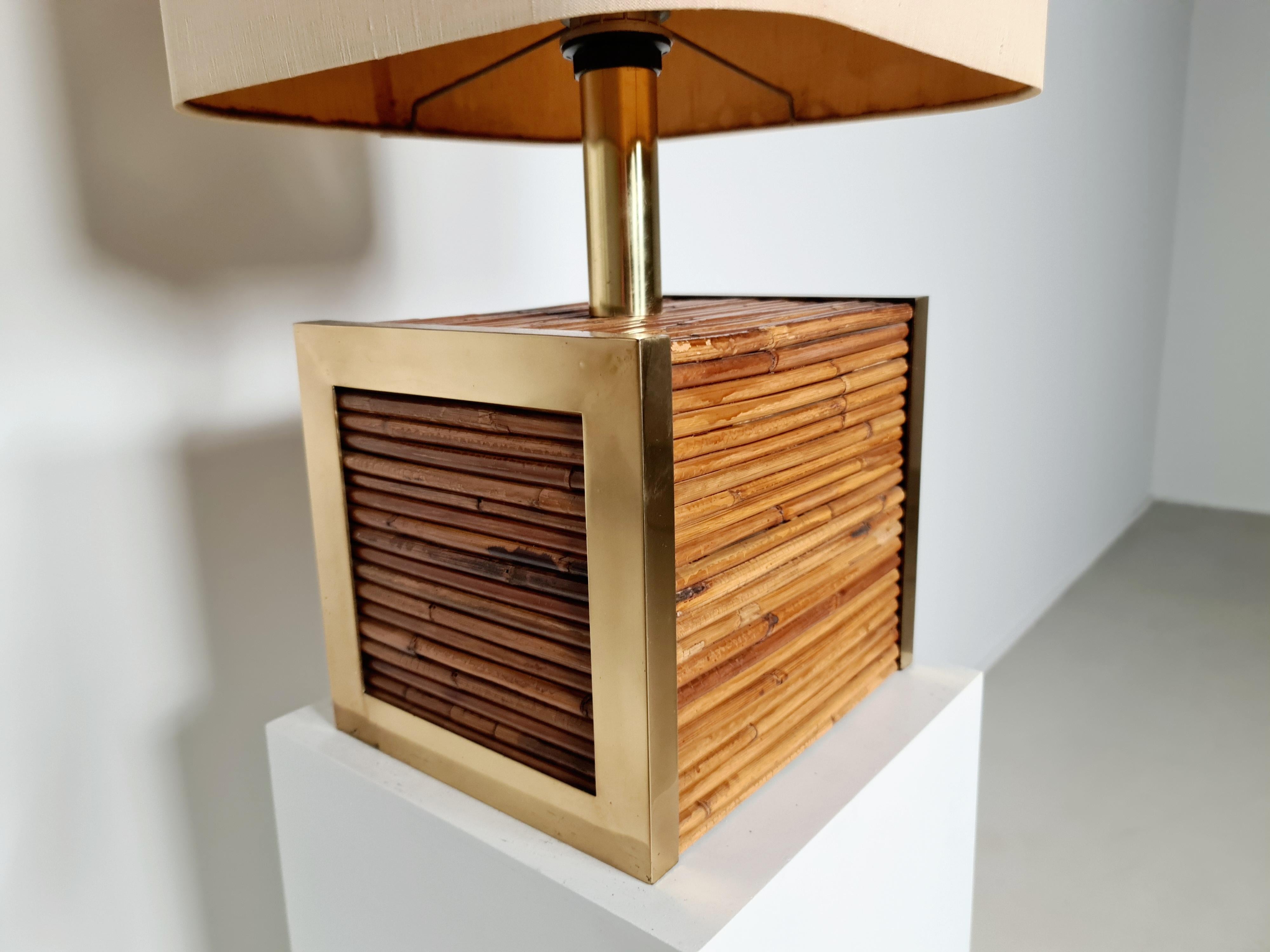 Late 20th Century Large Mid-Century Modern Brass and Bamboo Table Lamp