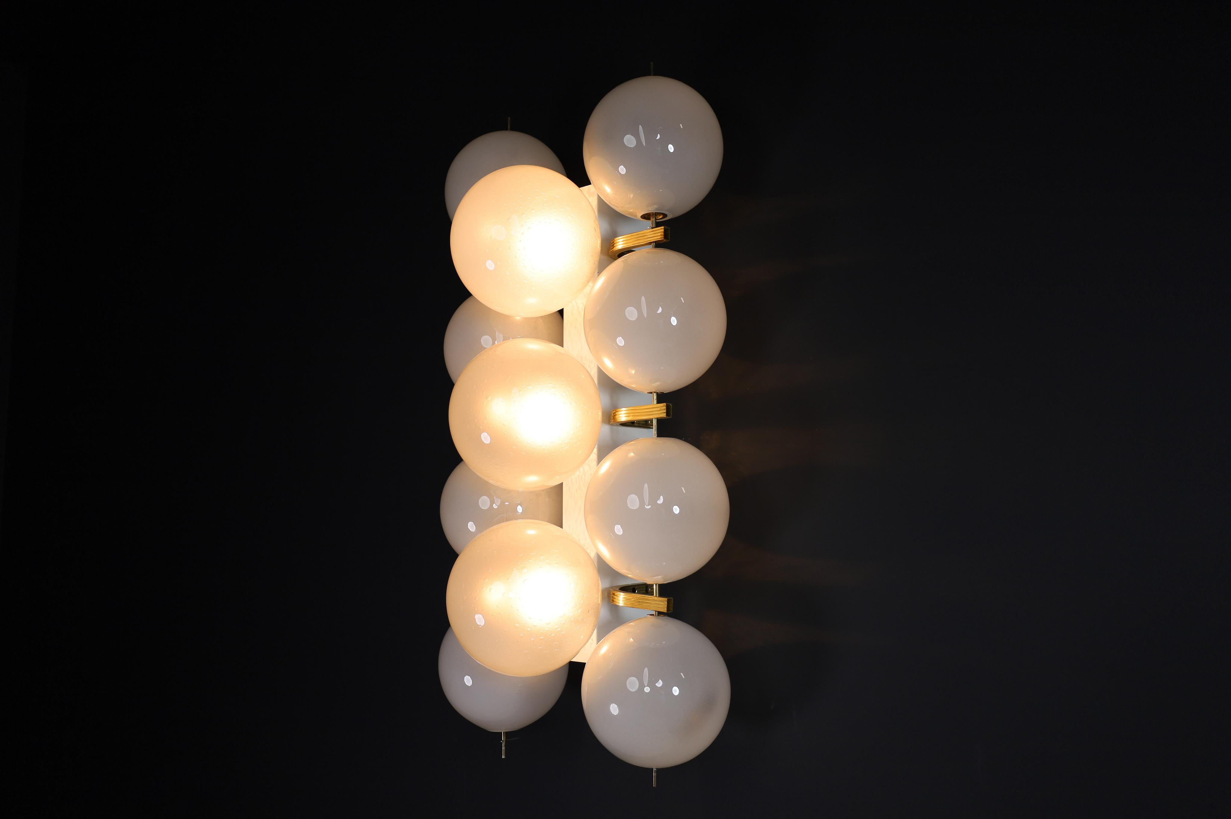 Large Mid-Century Modern Brass and Frosted Glass Wall Chandeliers, Italy 1960s For Sale 6