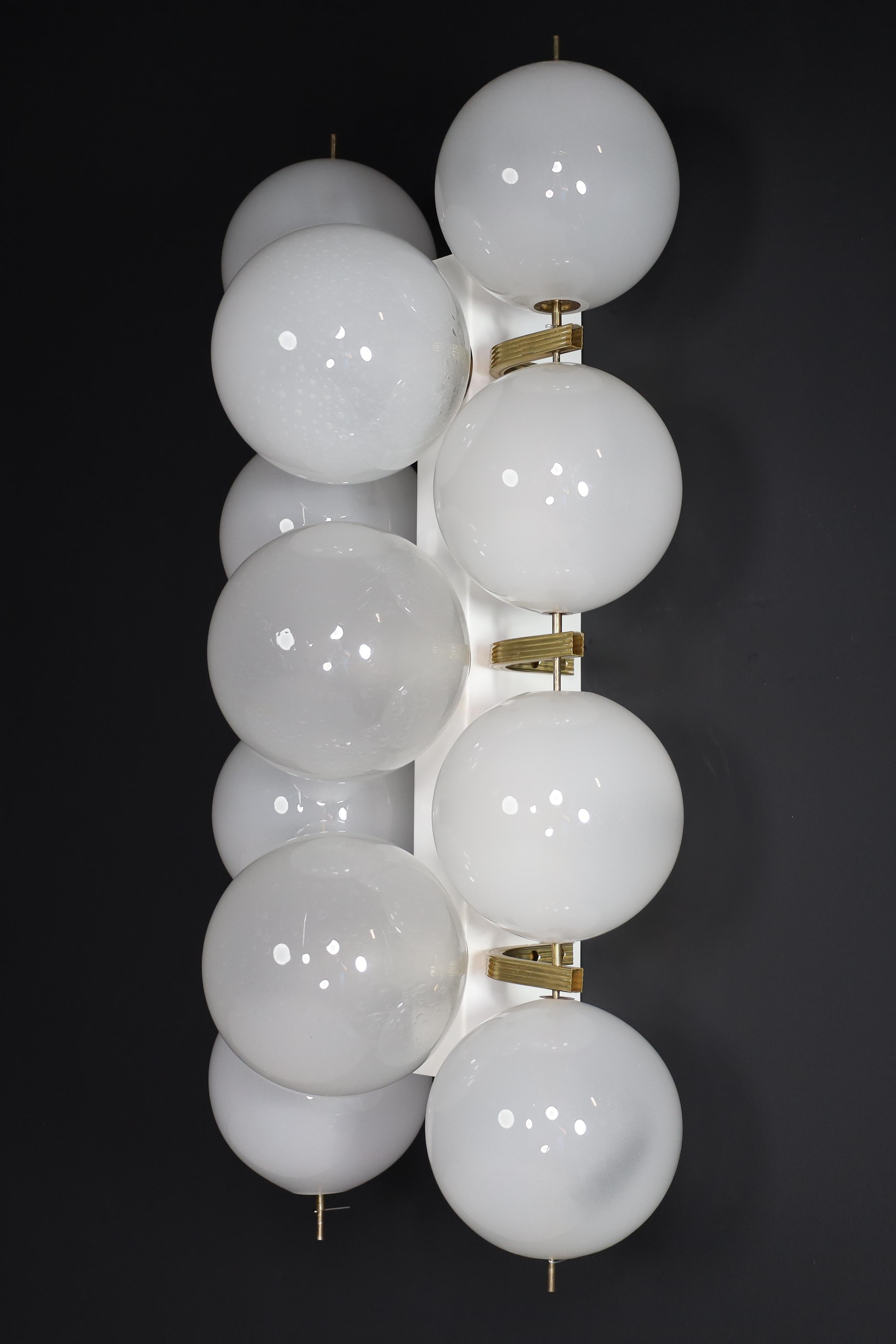 Large Mid-Century Modern Brass and Frosted Glass Wall Chandeliers, Italy 1960s For Sale 7