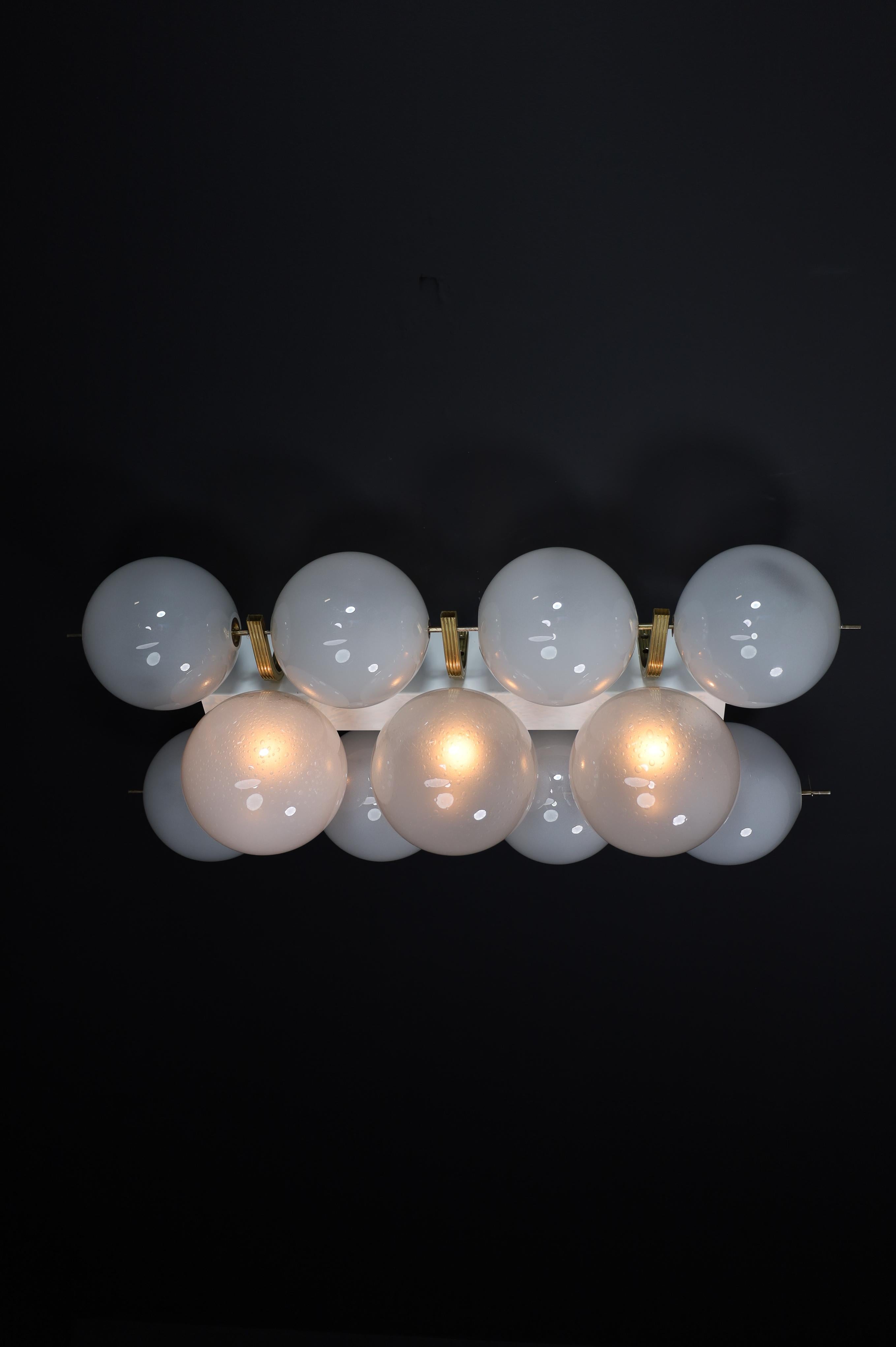 Large Mid-Century Modern Brass and Frosted Glass Wall Chandeliers, Italy 1960s For Sale 8