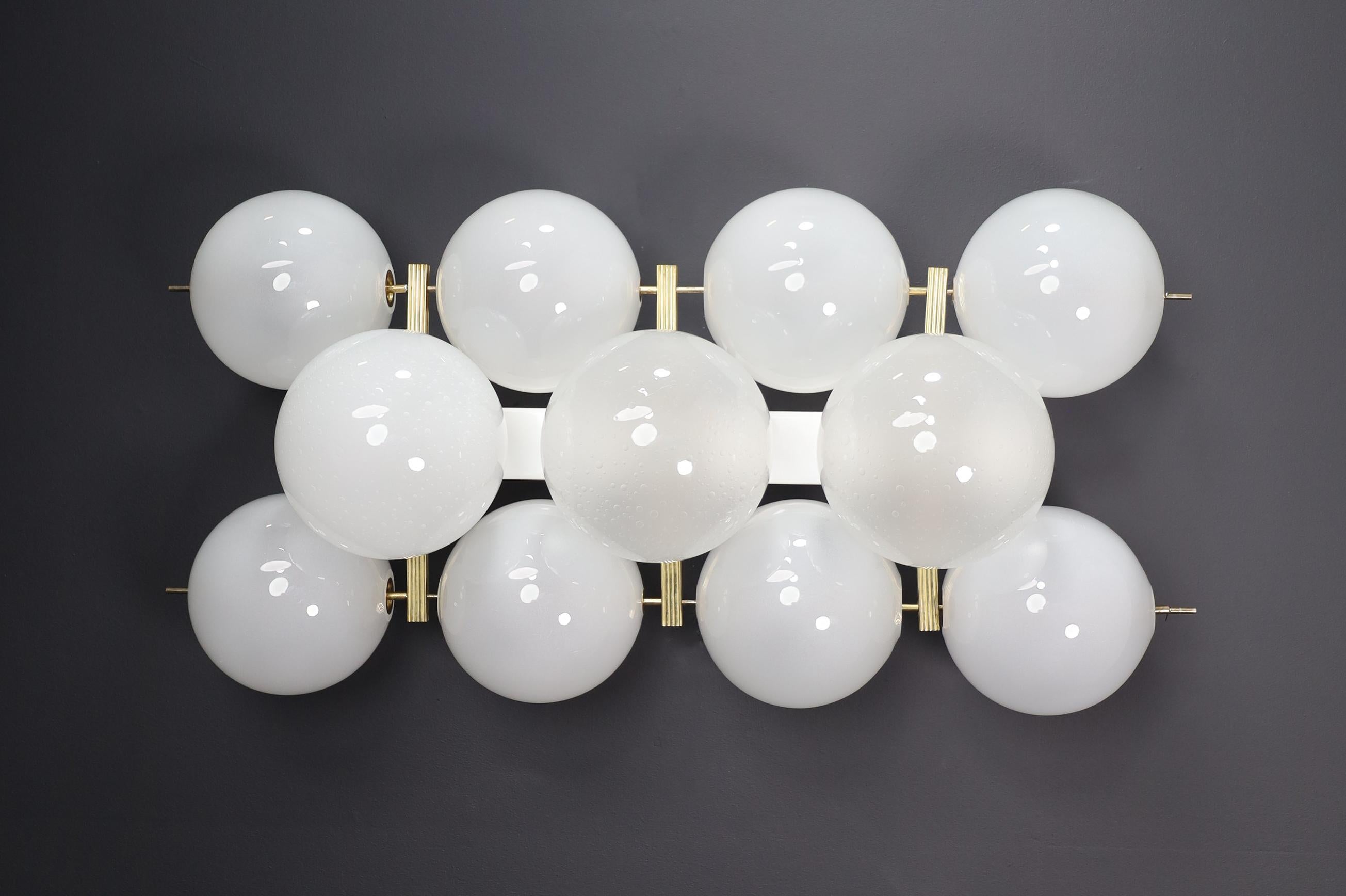 Large Mid-Century Modern Brass and Frosted Glass Wall Chandeliers, Italy 1960s For Sale 2