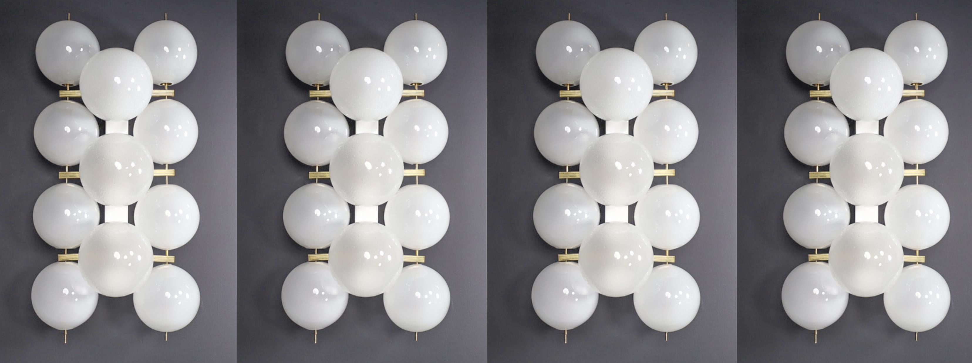 Large Mid-Century Modern Brass and Frosted Glass Wall Chandeliers, Italy 1960s For Sale 3