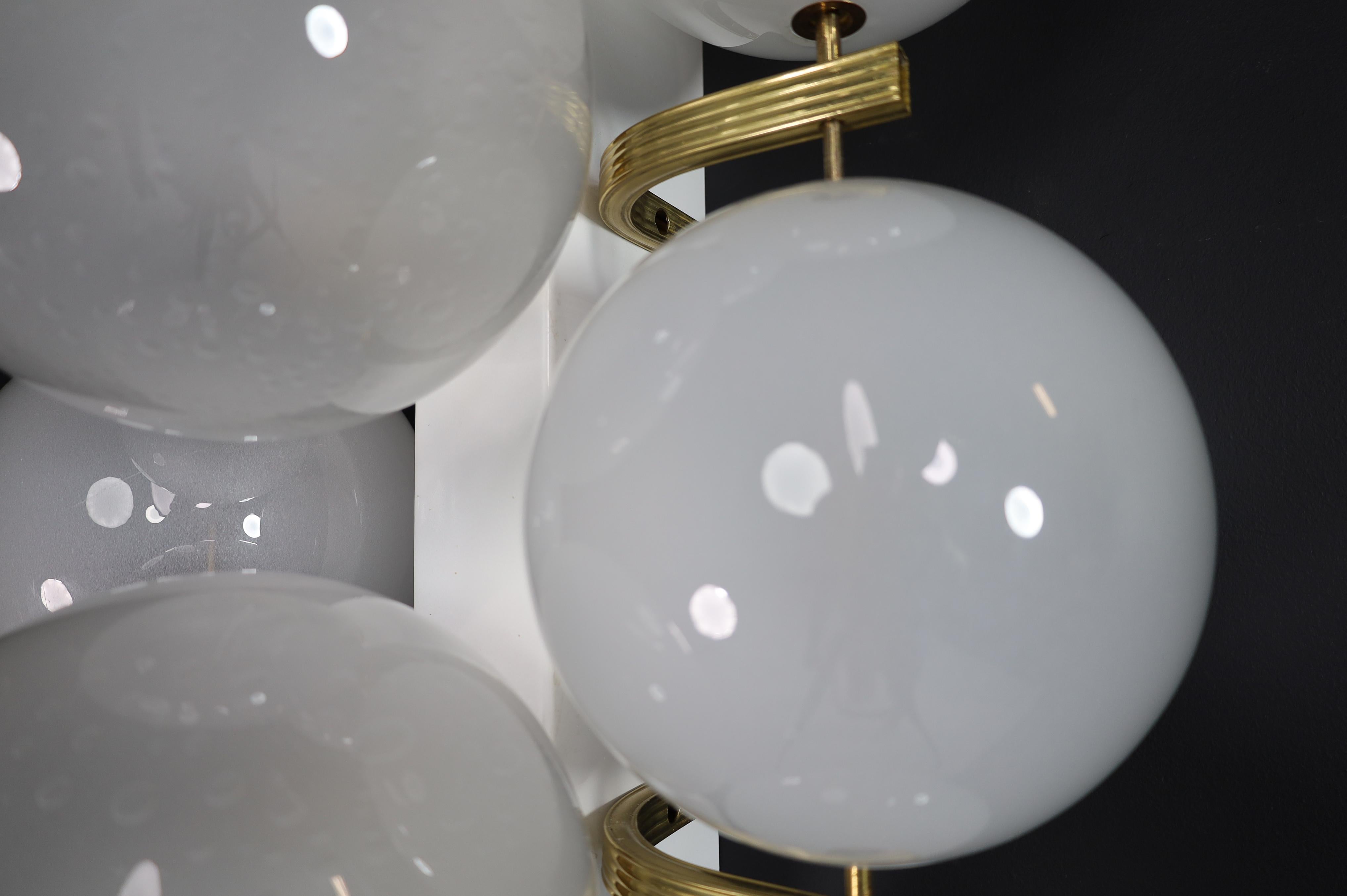 Large Mid-Century Modern Brass and Frosted Glass Wall Chandeliers, Italy 1960s For Sale 4
