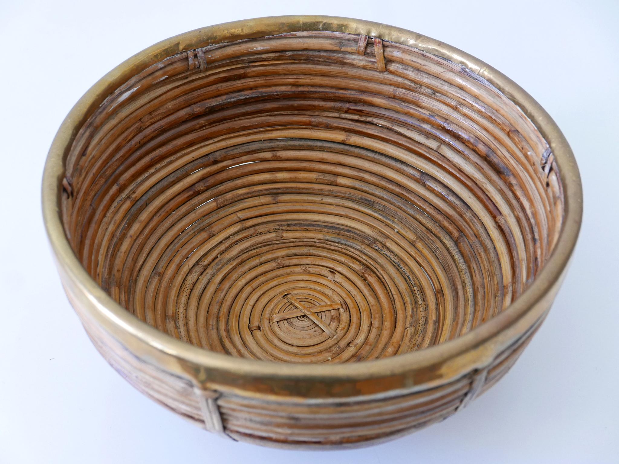 Austrian Large Mid-Century Modern Brass and Rattan Fruit Bowl or Centerpiece Italy, 1960s