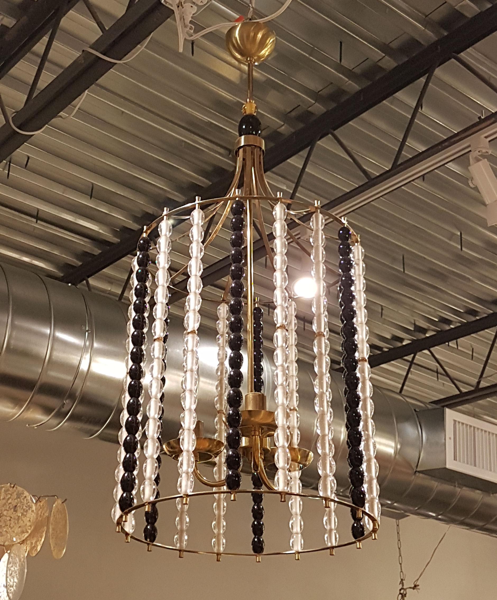 Beaded Large Mid-Century Modern Brass Chandeliers with Murano Glass Barbini Style, Pair