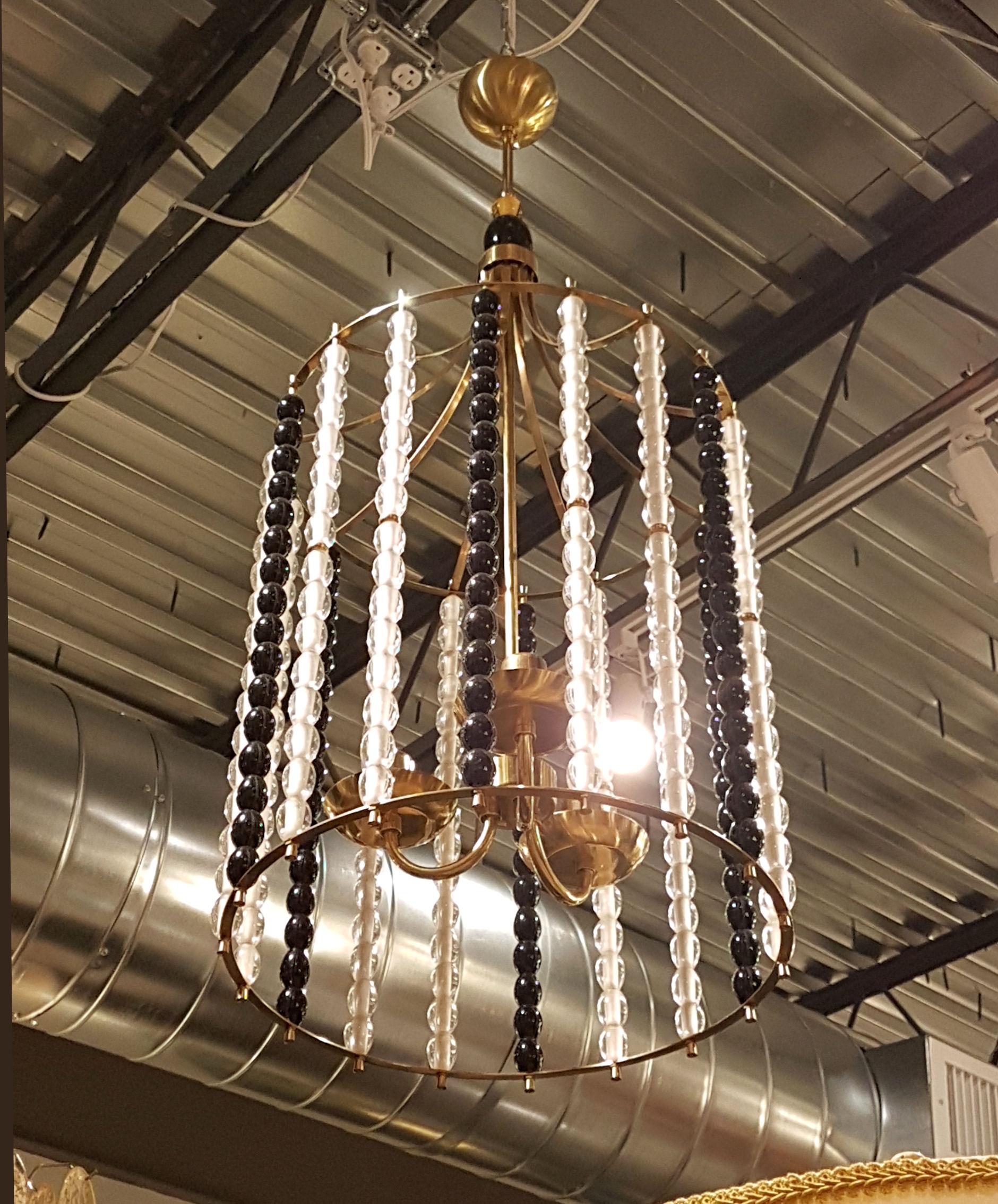 Mid-20th Century Large Mid-Century Modern Brass Chandeliers with Murano Glass Barbini Style, Pair