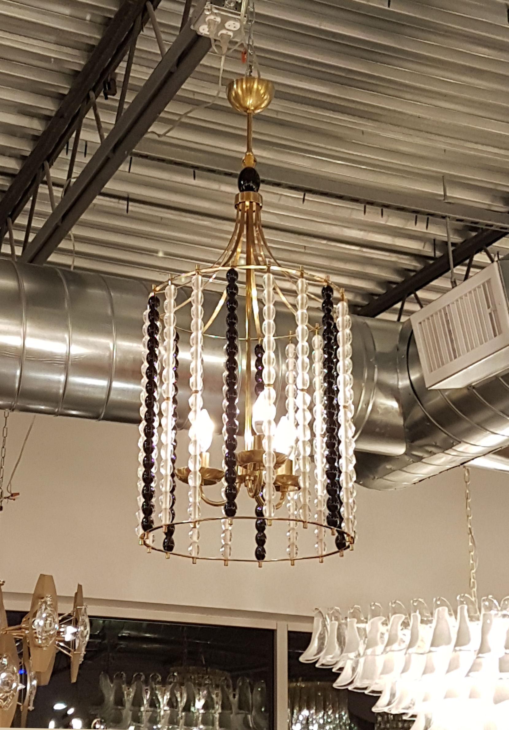 Large Mid-Century Modern Brass Chandeliers with Murano Glass Barbini Style, Pair 1