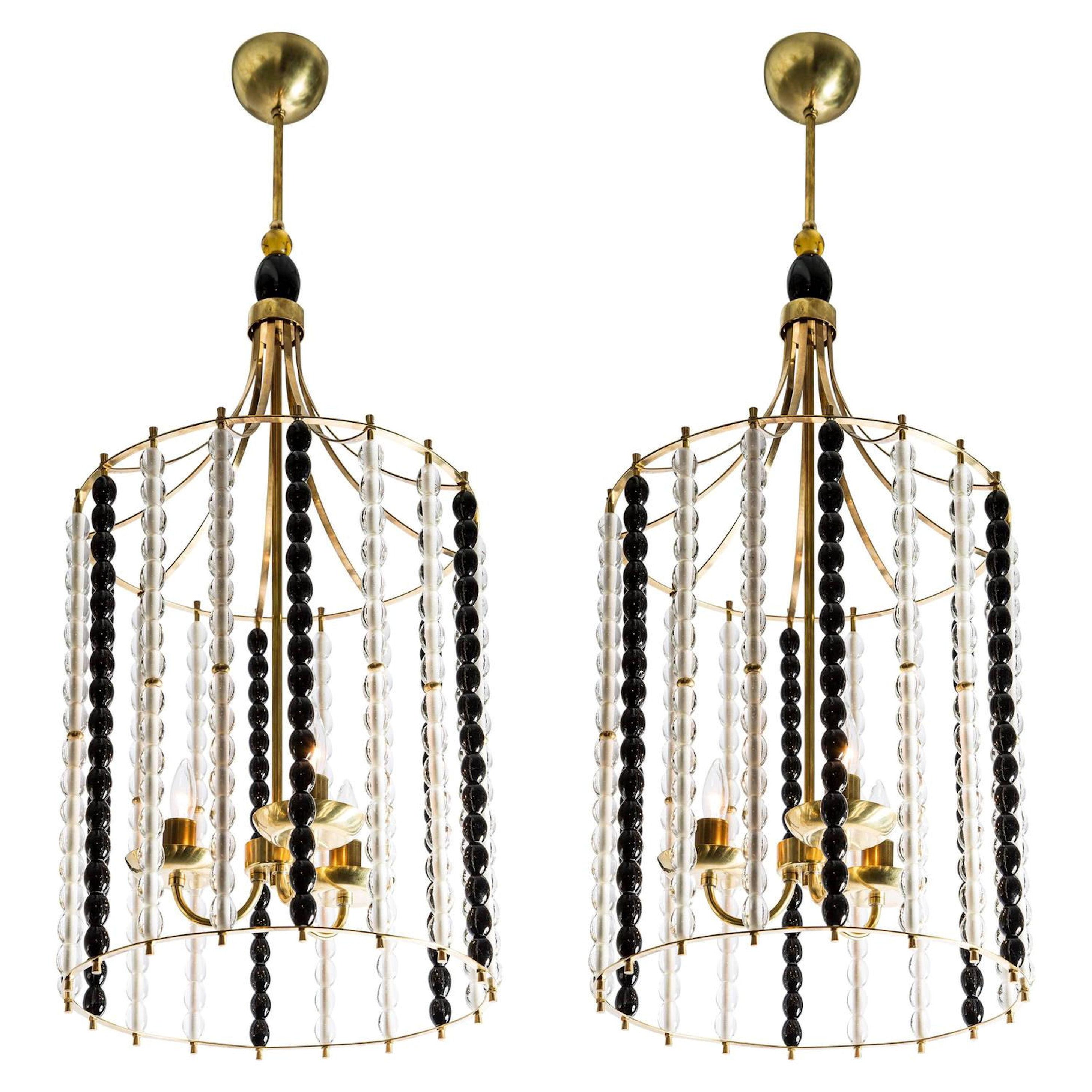 Large Mid-Century Modern Brass Chandeliers with Murano Glass Barbini Style, Pair