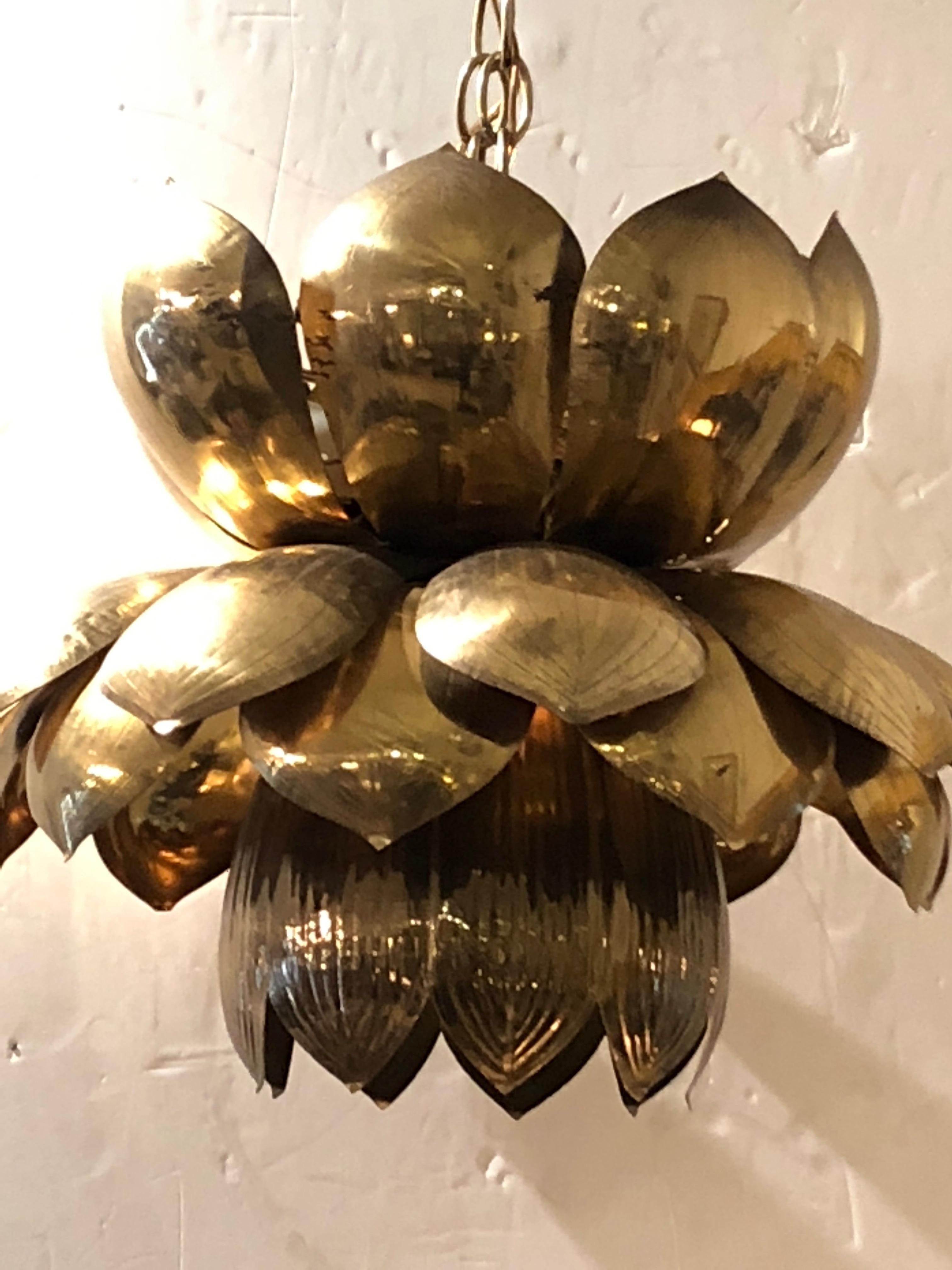 North American Large Mid-Century Modern Brass Lotus Flower Chandelier Pendant