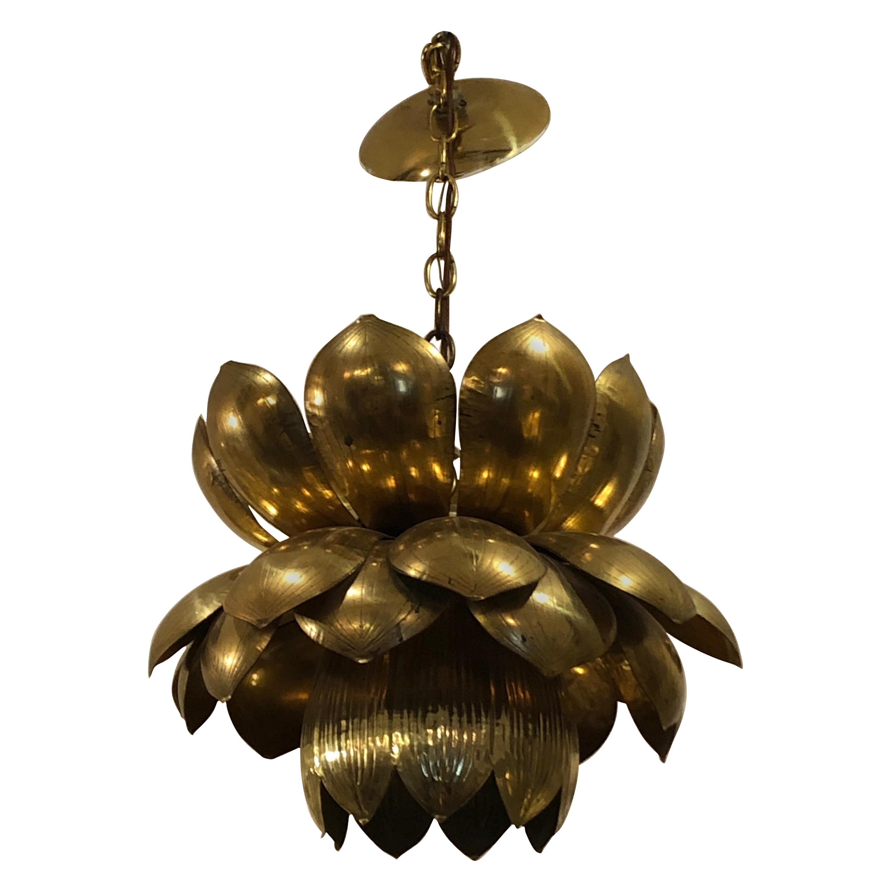 Large Mid-Century Modern Brass Lotus Flower Chandelier Pendant