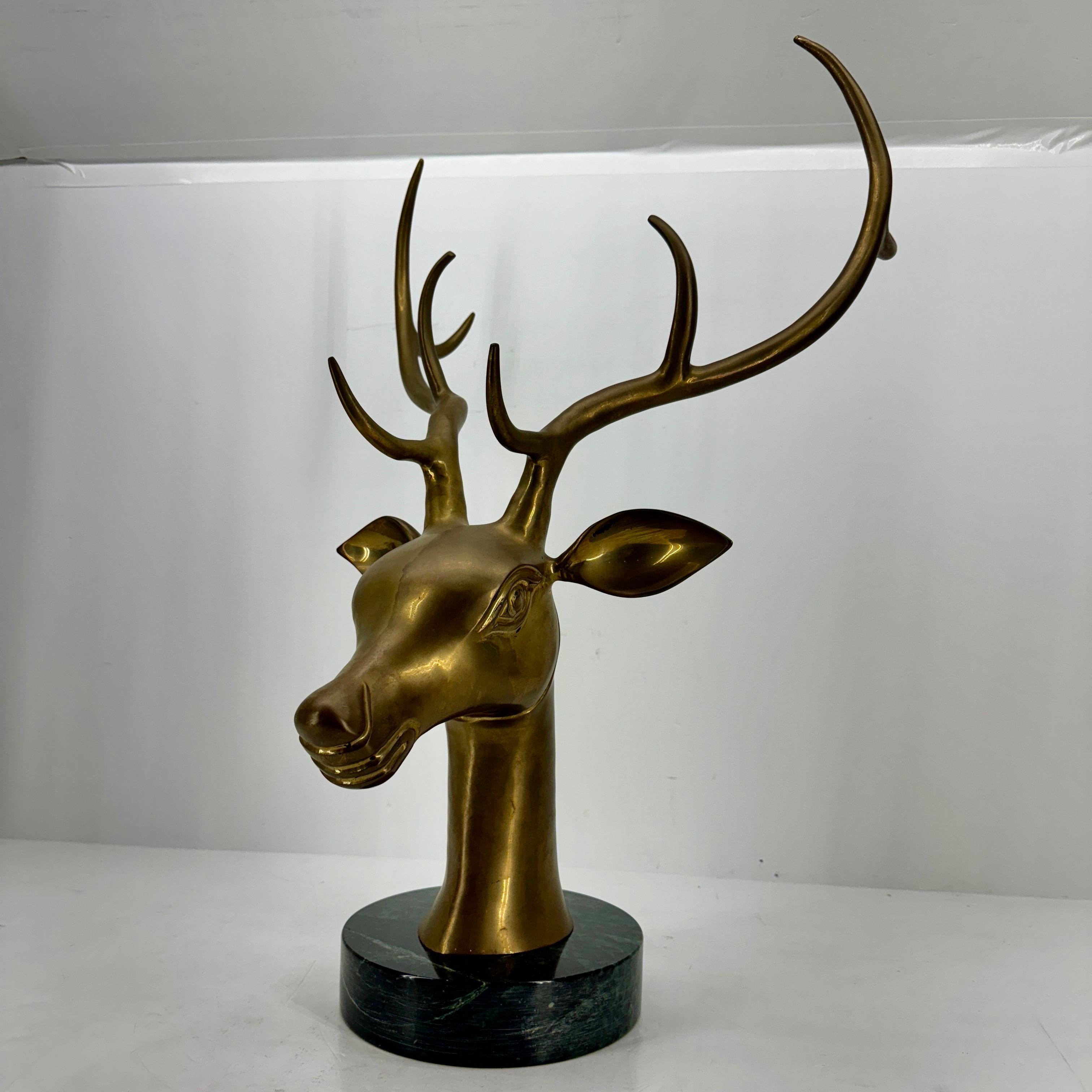 Large Mid-Century Modern Brass Stag Head on Marble Base For Sale 3