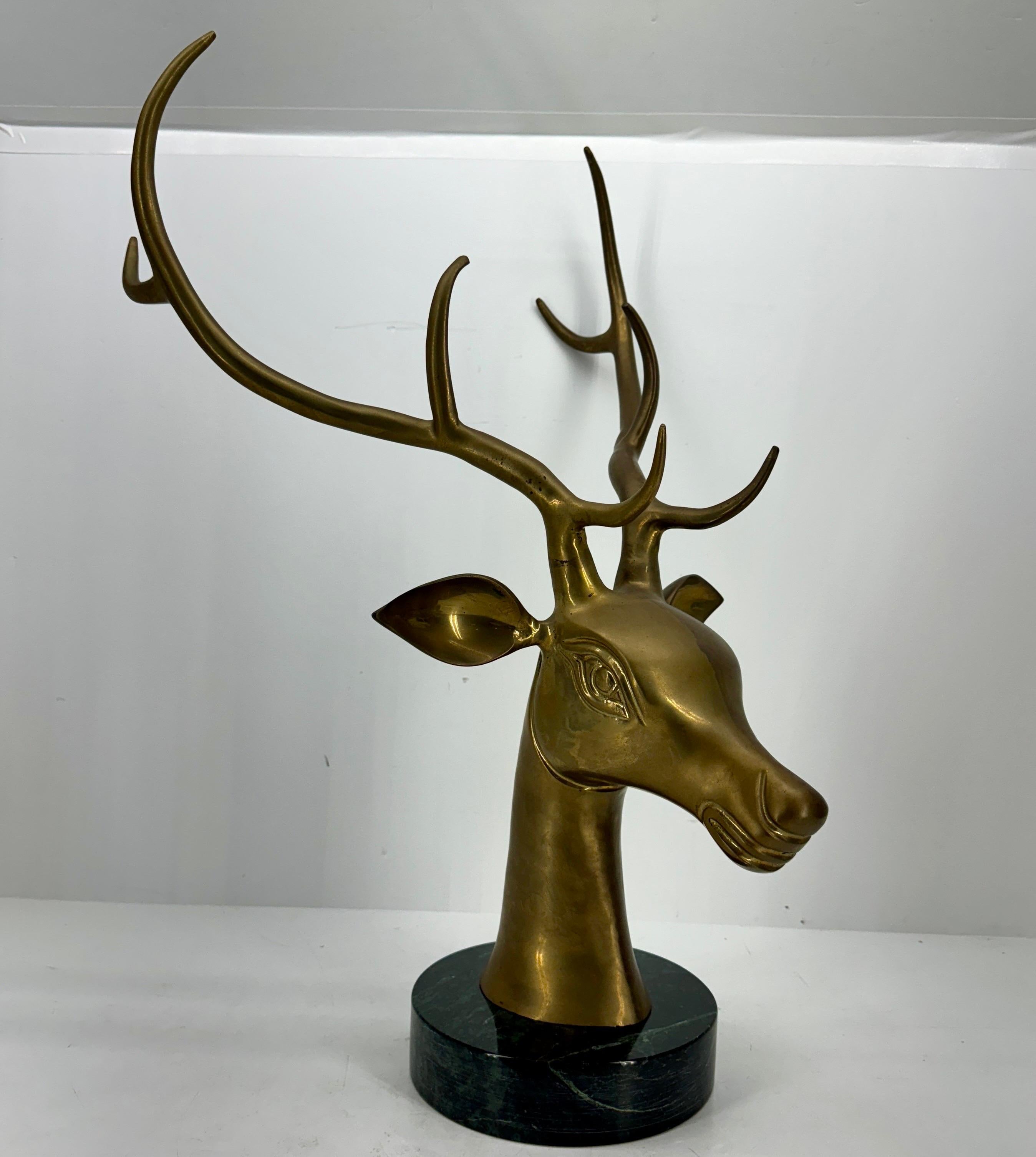 Large Mid-Century Modern Brass Stag Head on Marble Base For Sale 4