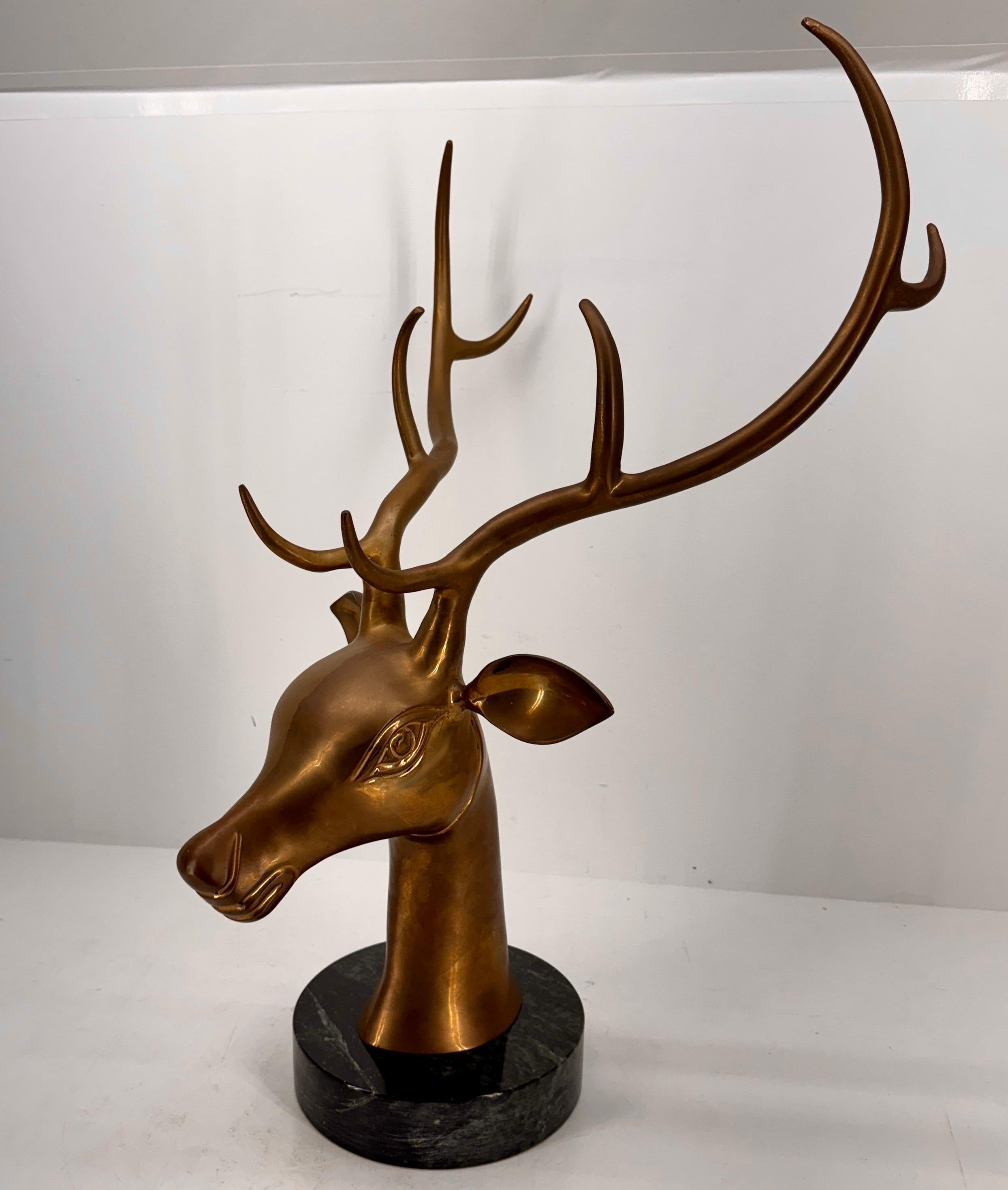 Large Mid-Century Modern Brass Stag Head on Marble Base For Sale 5