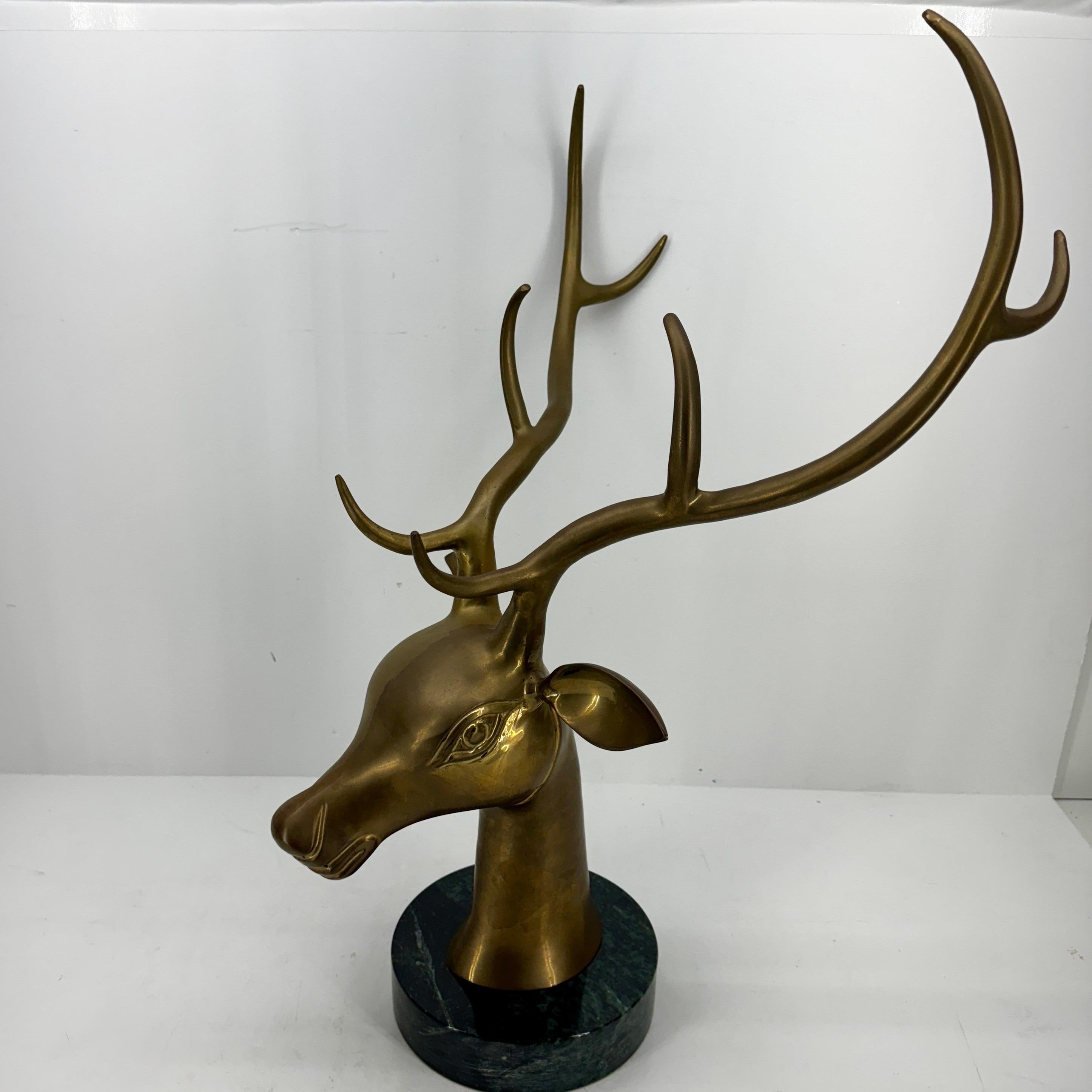 Large Mid-Century Modern Brass Stag Head on Marble Base For Sale 6