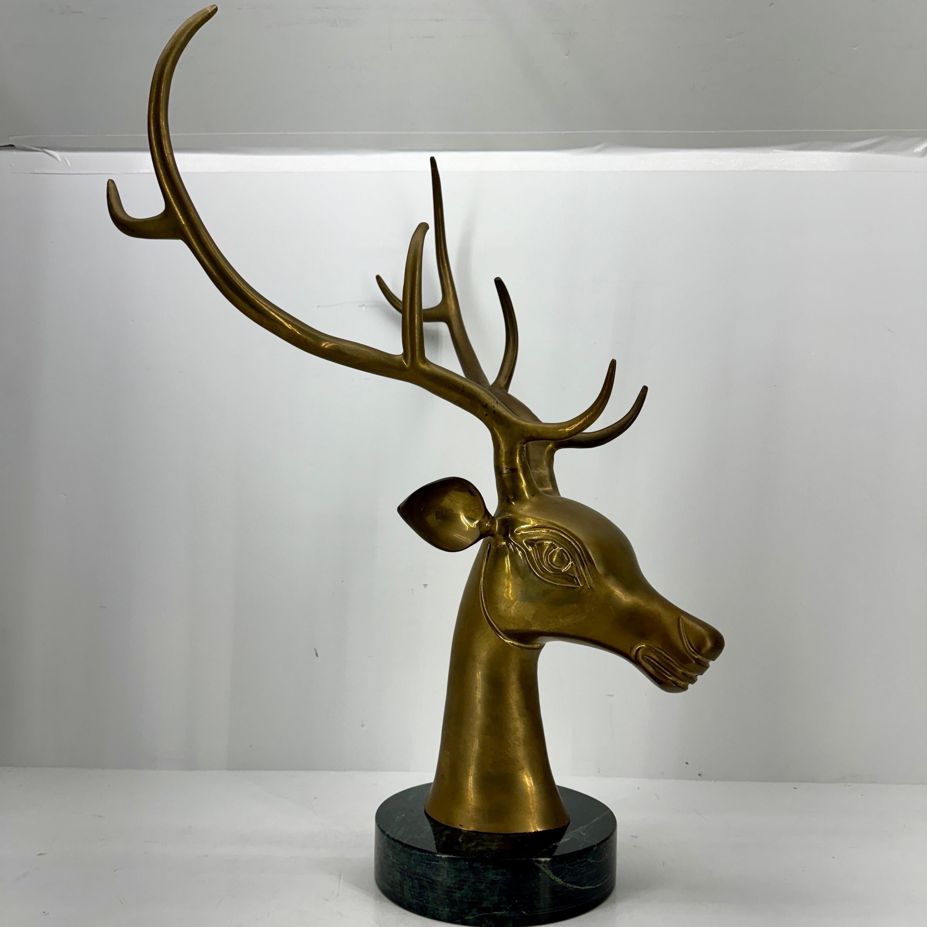 Large Mid-Century Modern Brass Stag Head on Marble Base For Sale 8