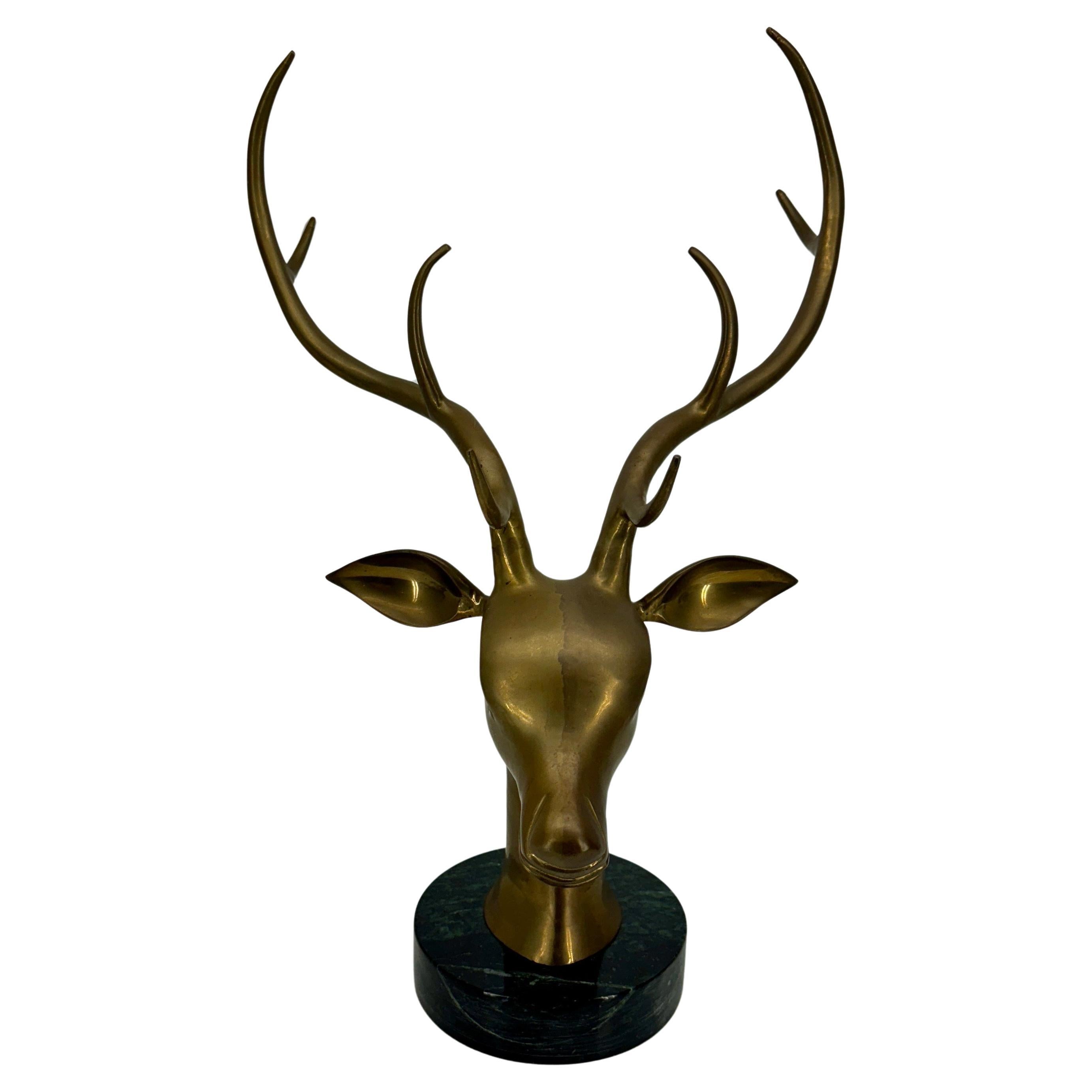 Unknown Large Mid-Century Modern Brass Stag Head on Marble Base For Sale