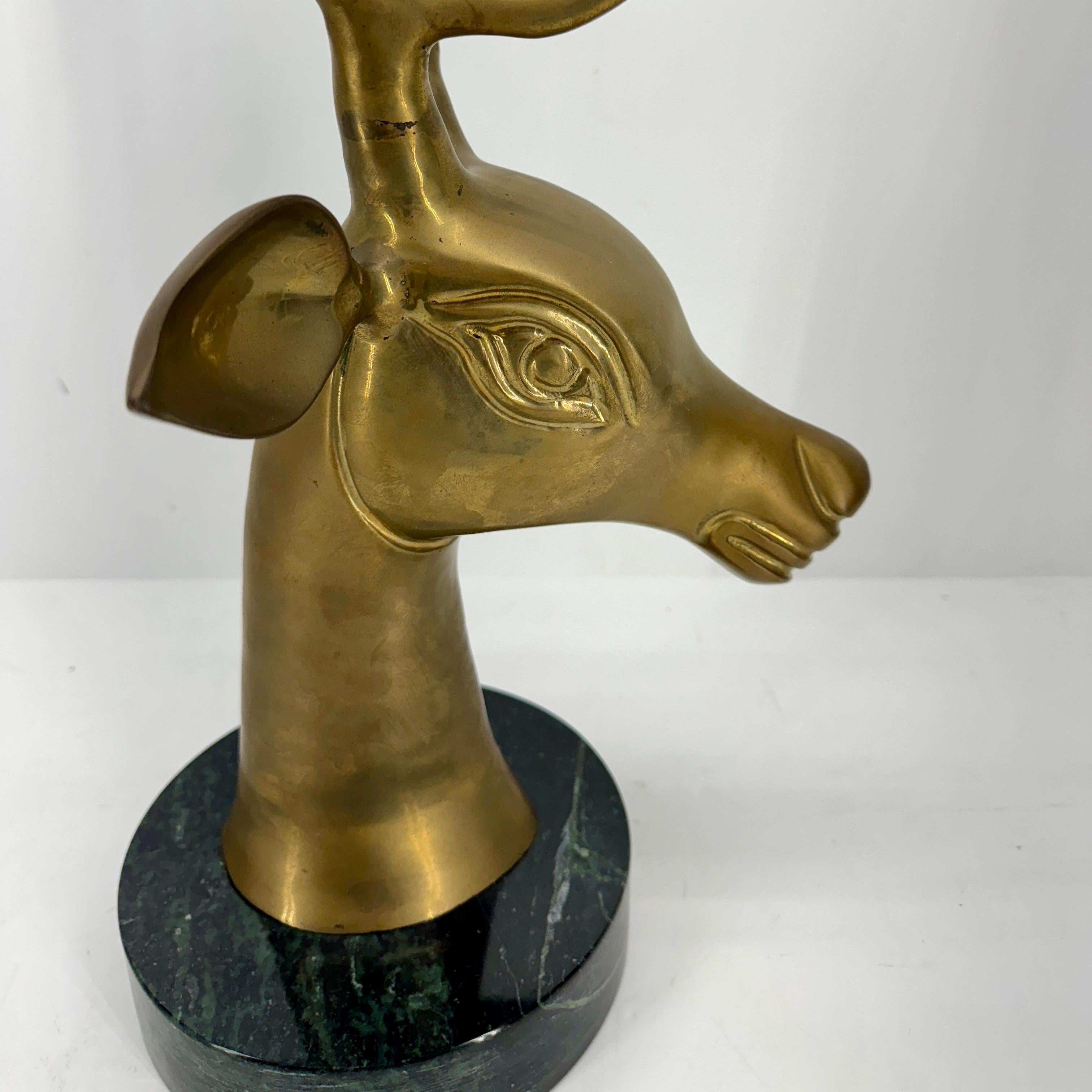 Hand-Crafted Large Mid-Century Modern Brass Stag Head on Marble Base For Sale