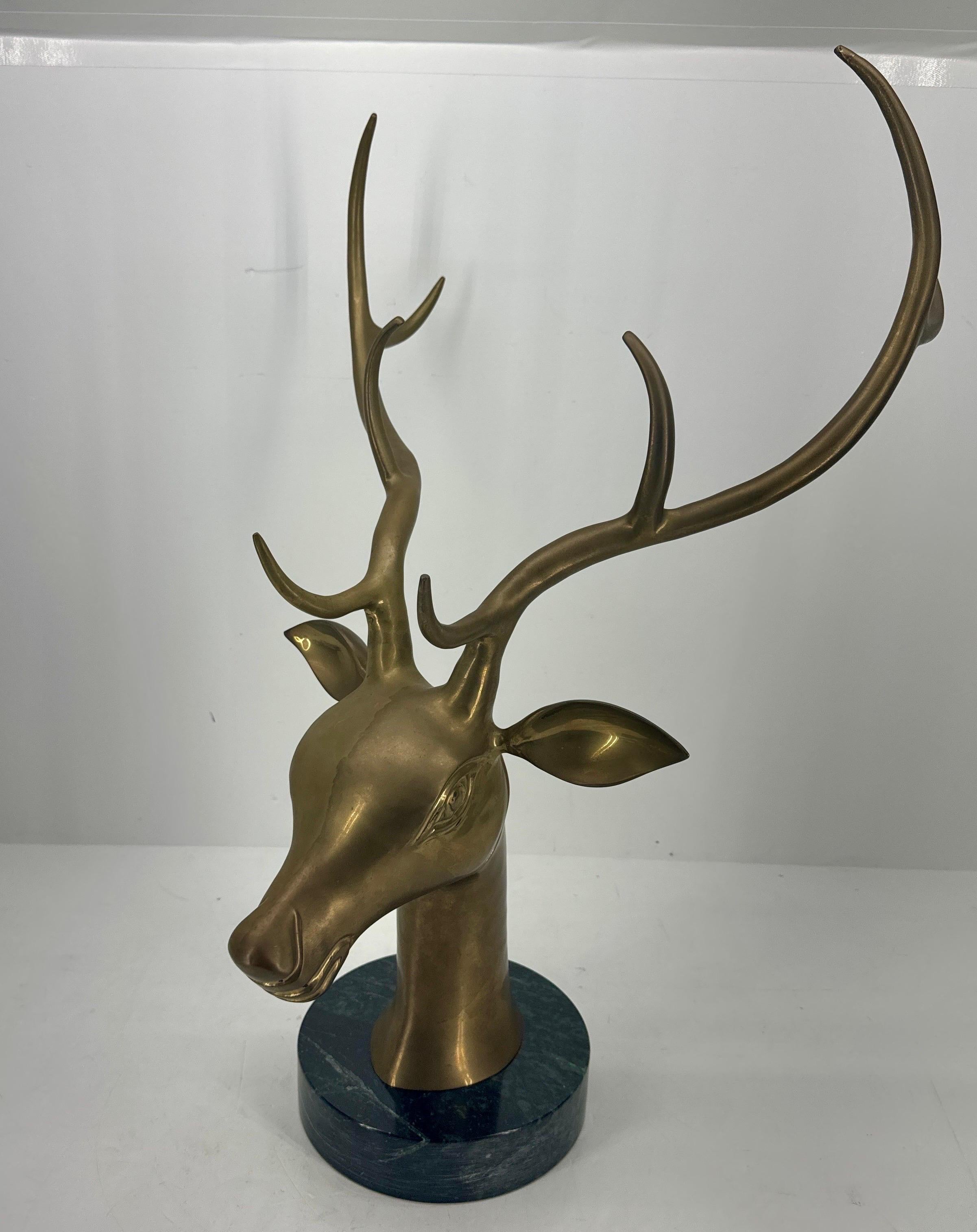 20th Century Large Mid-Century Modern Brass Stag Head on Marble Base For Sale