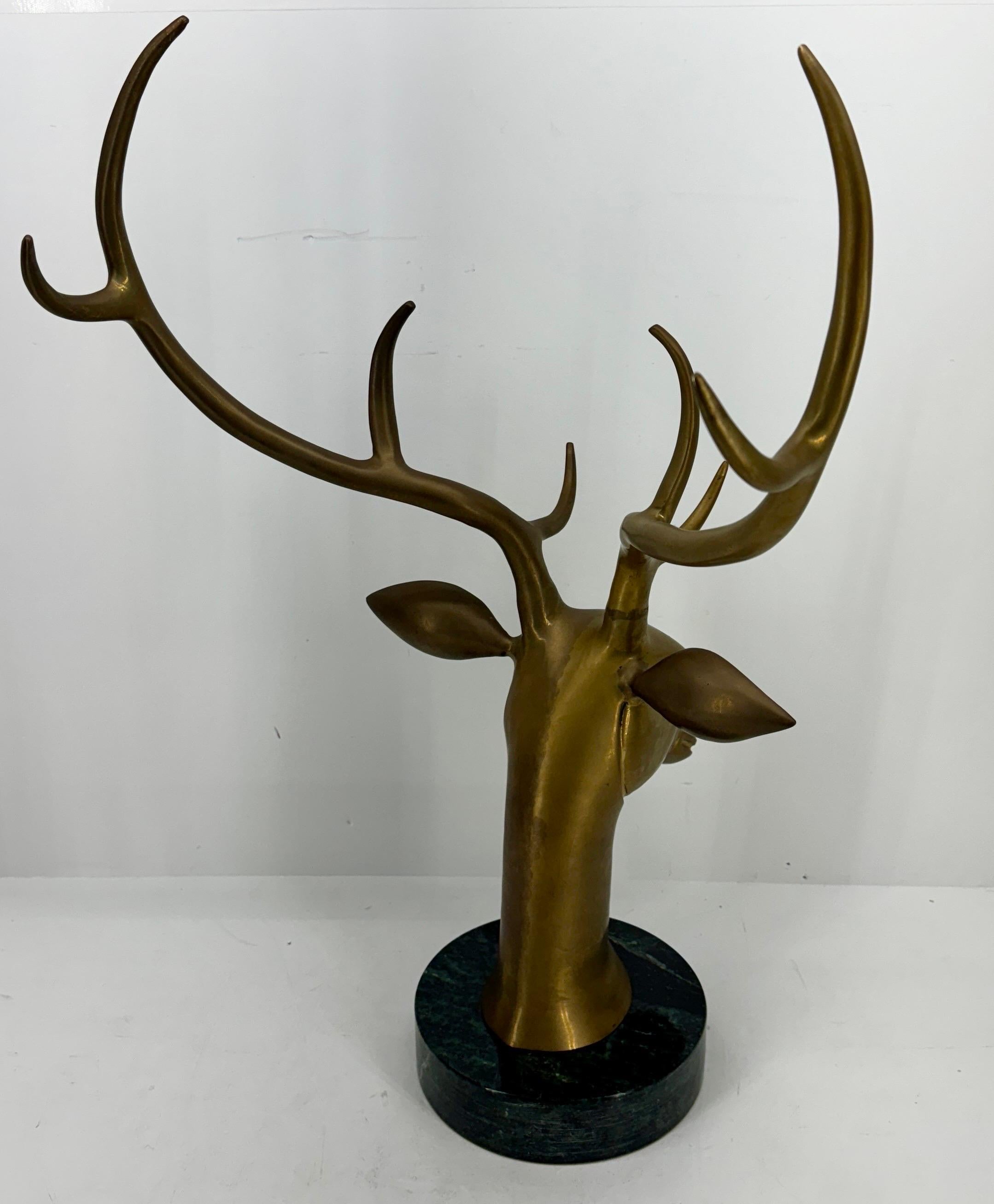 Large Mid-Century Modern Brass Stag Head on Marble Base For Sale 1