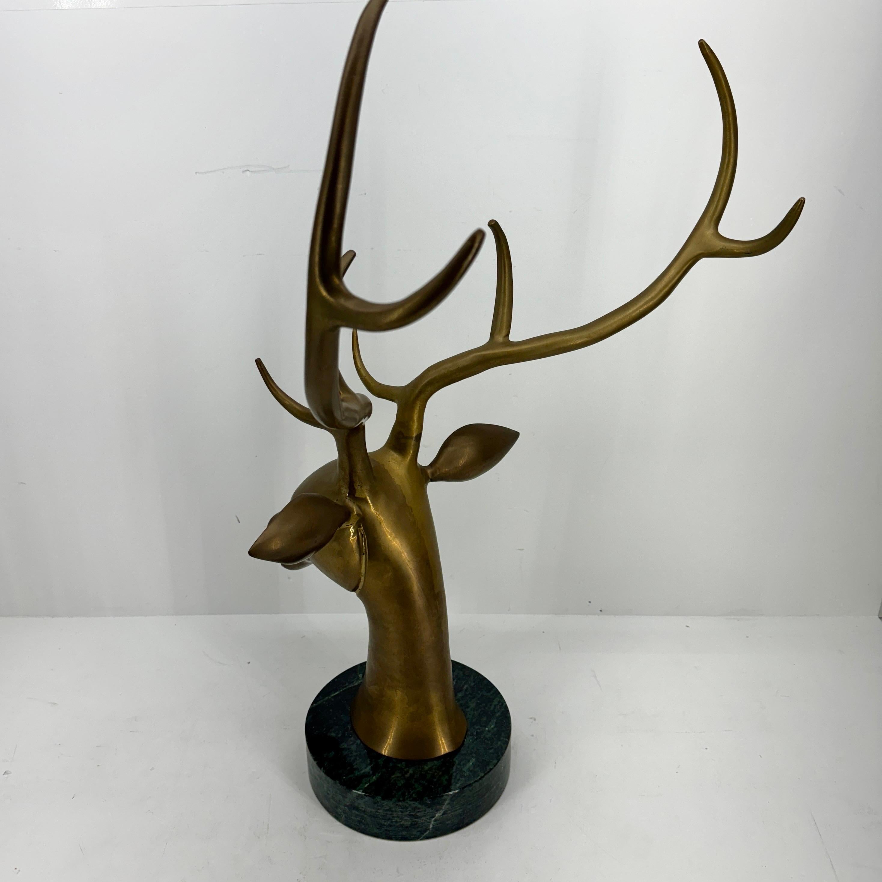 Large Mid-Century Modern Brass Stag Head on Marble Base For Sale 2