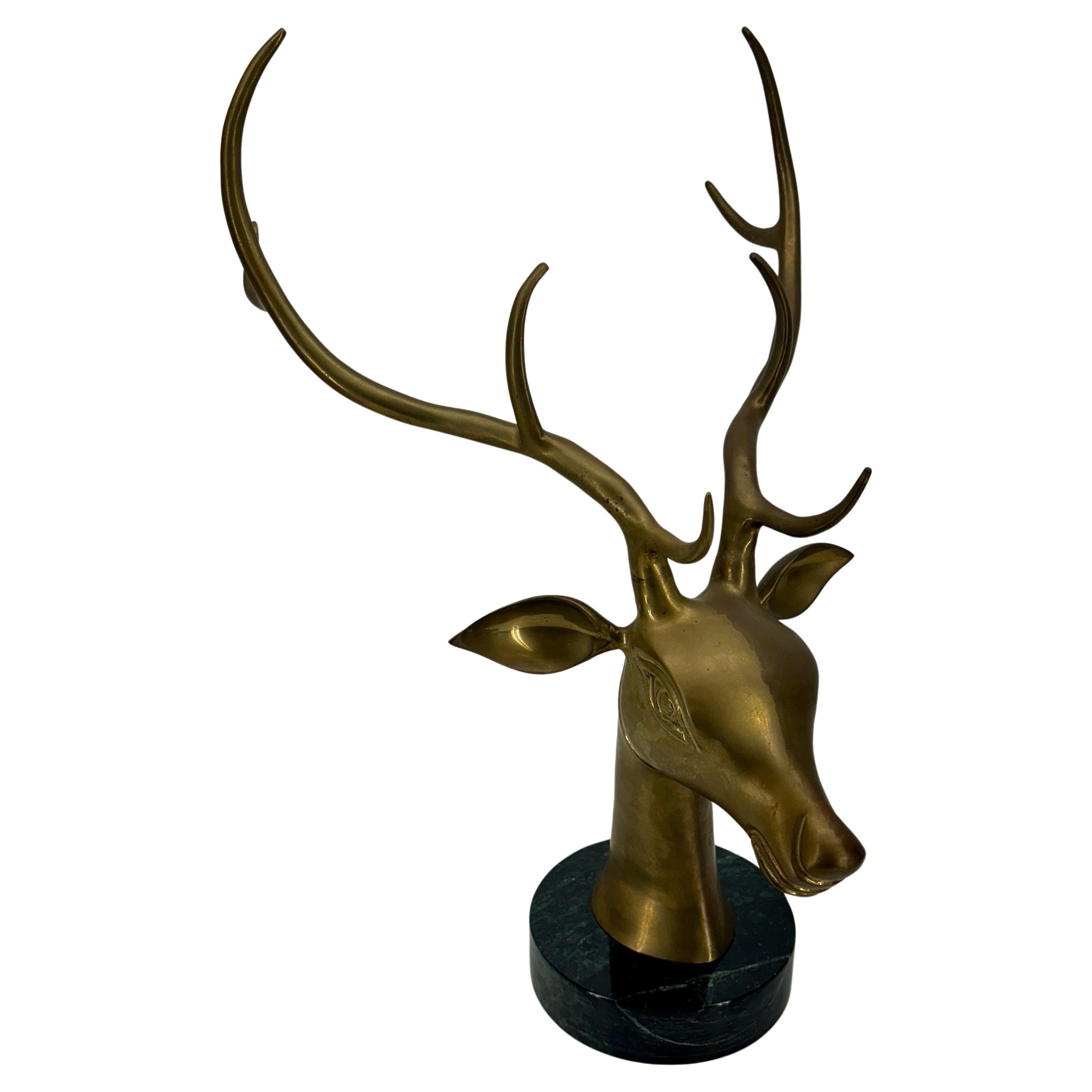 Large Mid-Century Modern Brass Stag Head on Marble Base For Sale