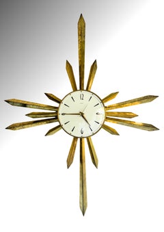 Large Mid-Century Modern Brass Sunburst Wall Clock by Metamec, England