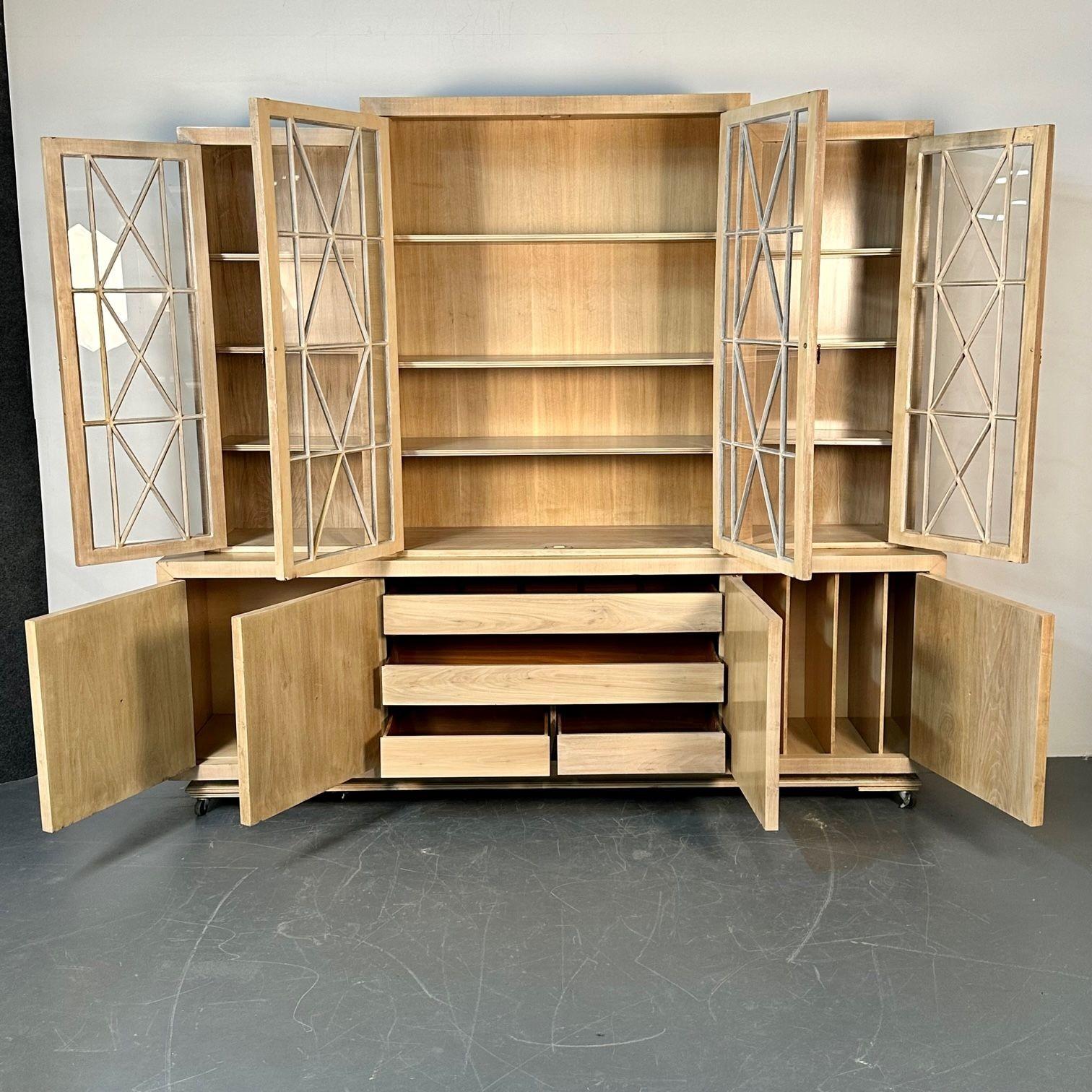 Glass Large Mid-Century Modern Breakfront / Bookcase / Cabinet, Light Oak For Sale