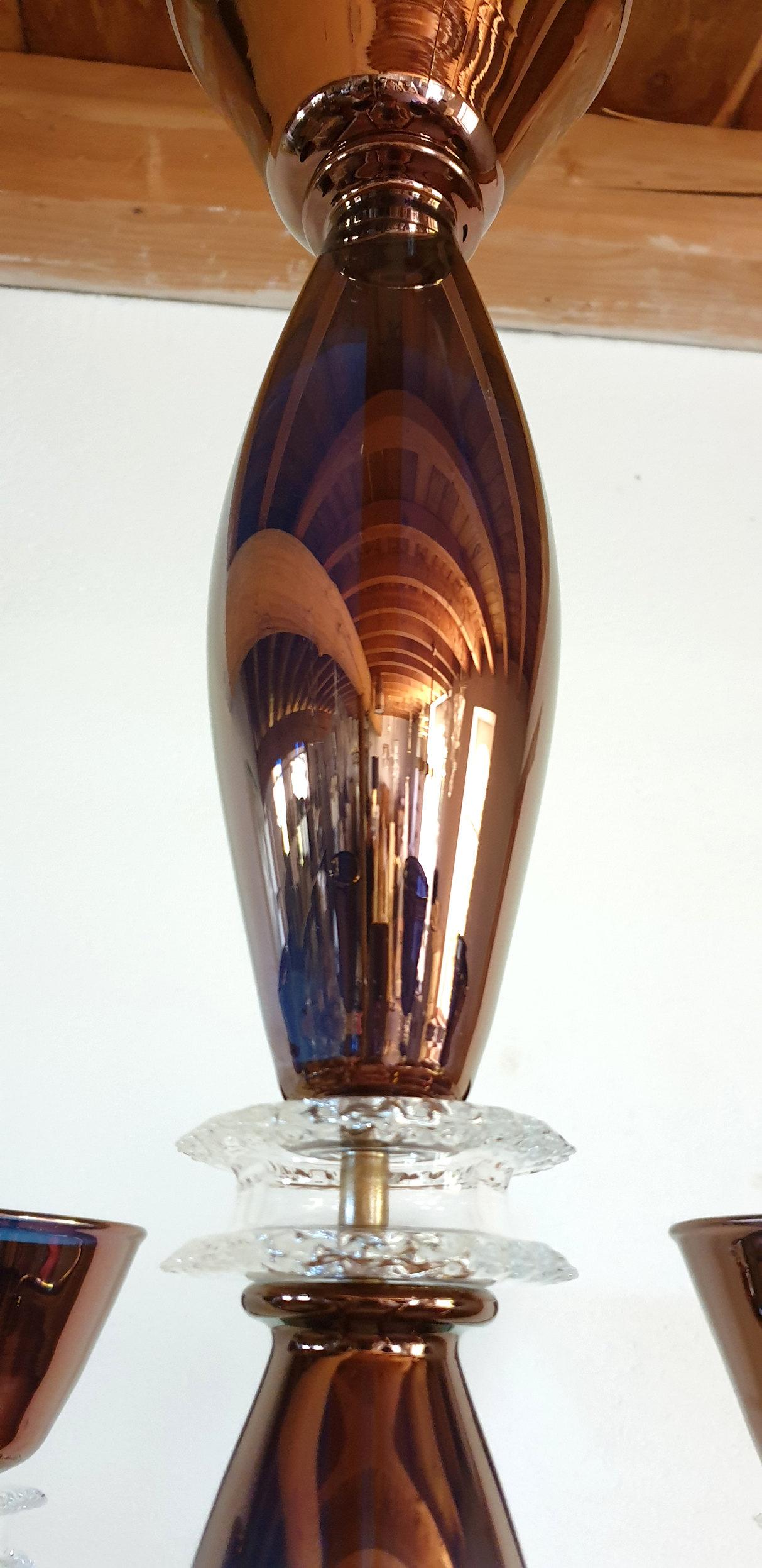Large Mid-Century Modern Mirrored Murano Glass 6 Lights Chandelier Seguso Style 6