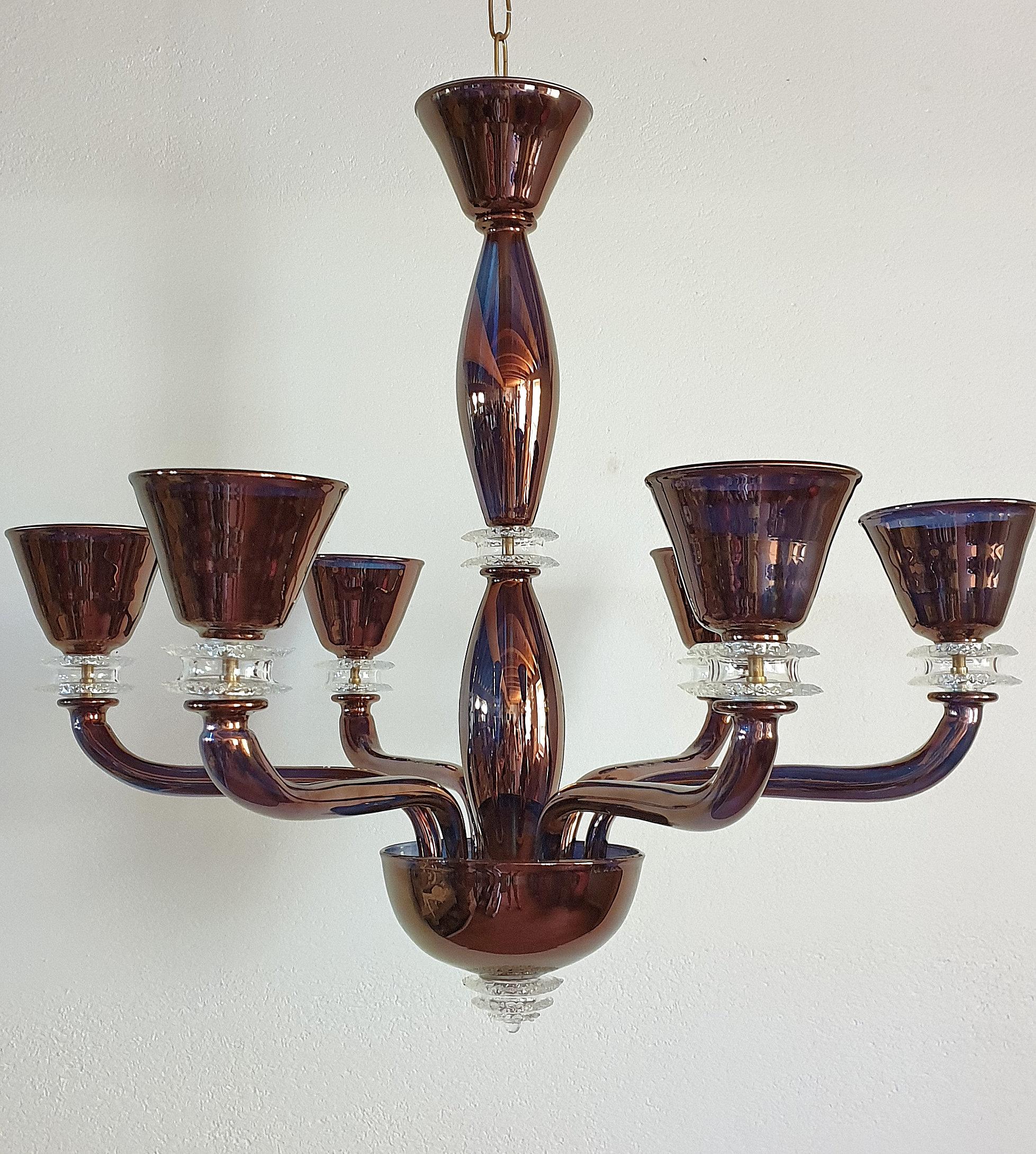 Italian Large Mid-Century Modern Mirrored Murano Glass 6 Lights Chandelier Seguso Style