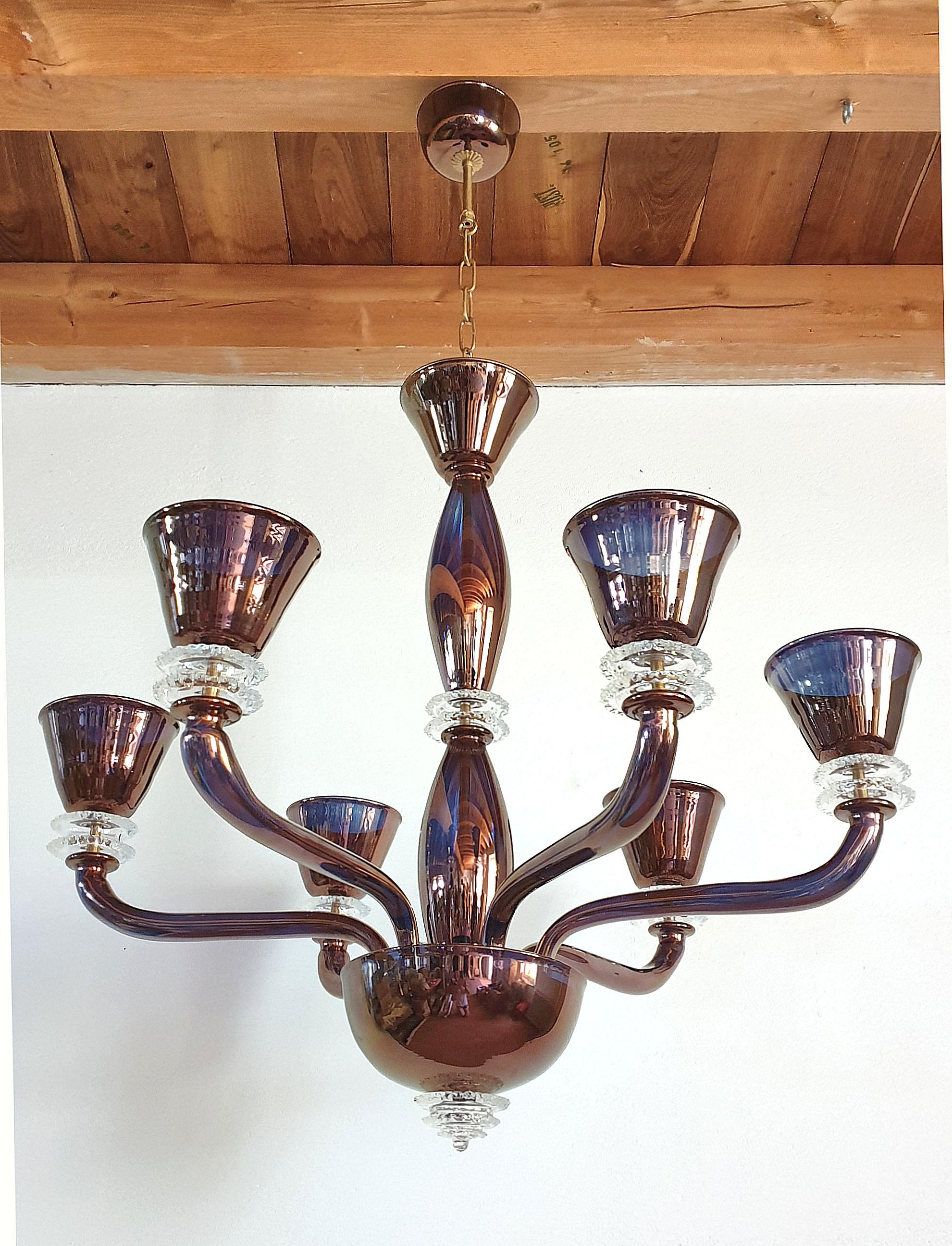 Hand-Crafted Large Mid-Century Modern Mirrored Murano Glass 6 Lights Chandelier Seguso Style