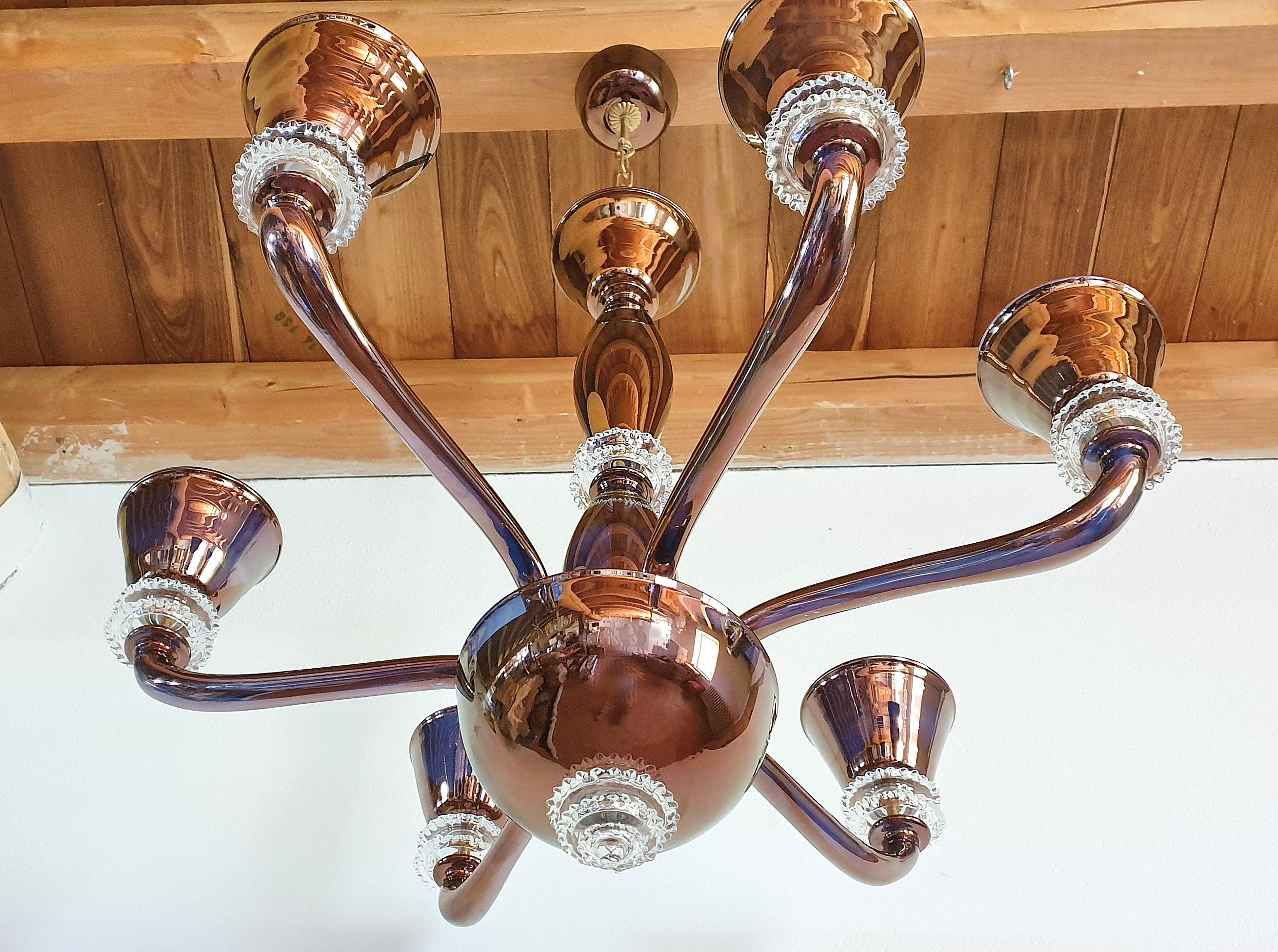 Large Mid-Century Modern Mirrored Murano Glass 6 Lights Chandelier Seguso Style In Excellent Condition In Dallas, TX