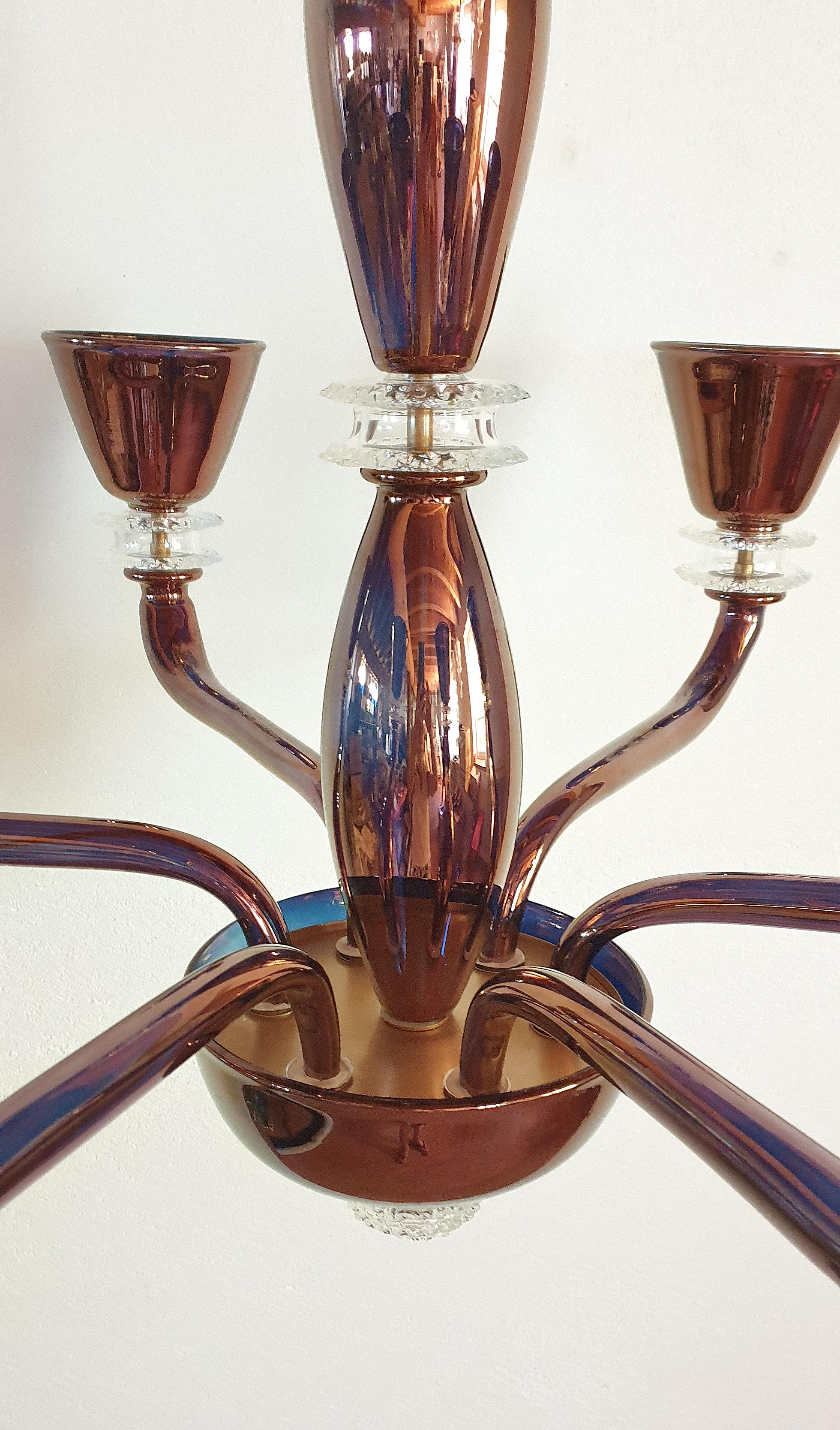 Late 20th Century Large Mid-Century Modern Mirrored Murano Glass 6 Lights Chandelier Seguso Style