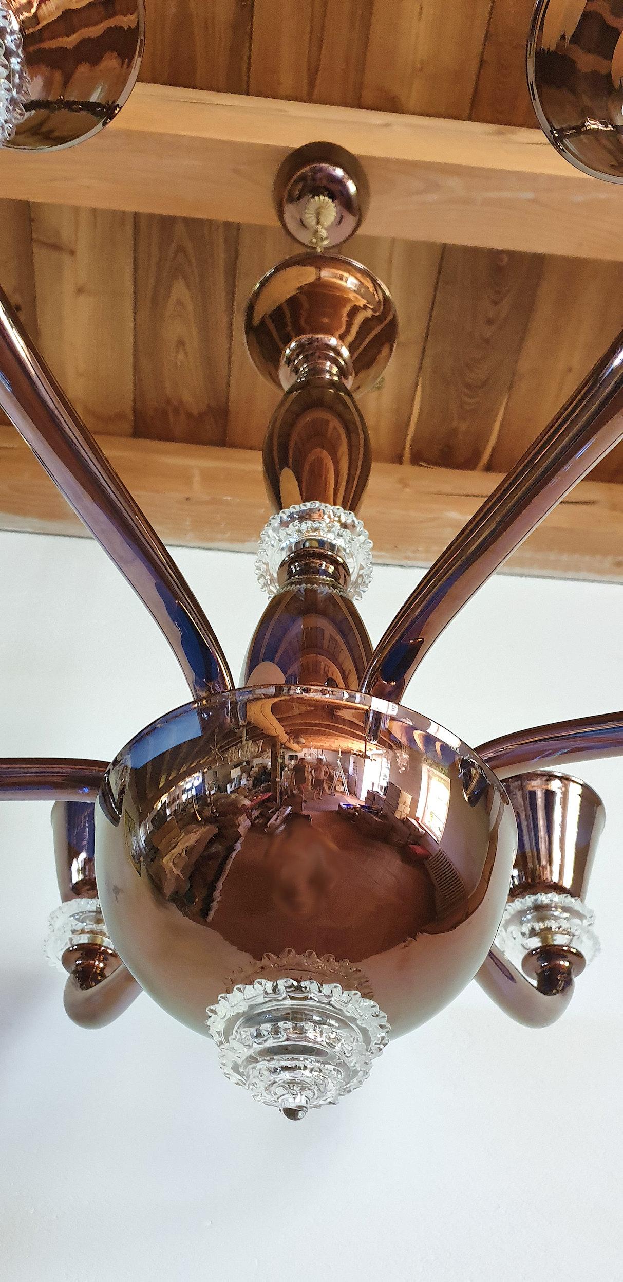 Brass Large Mid-Century Modern Mirrored Murano Glass 6 Lights Chandelier Seguso Style