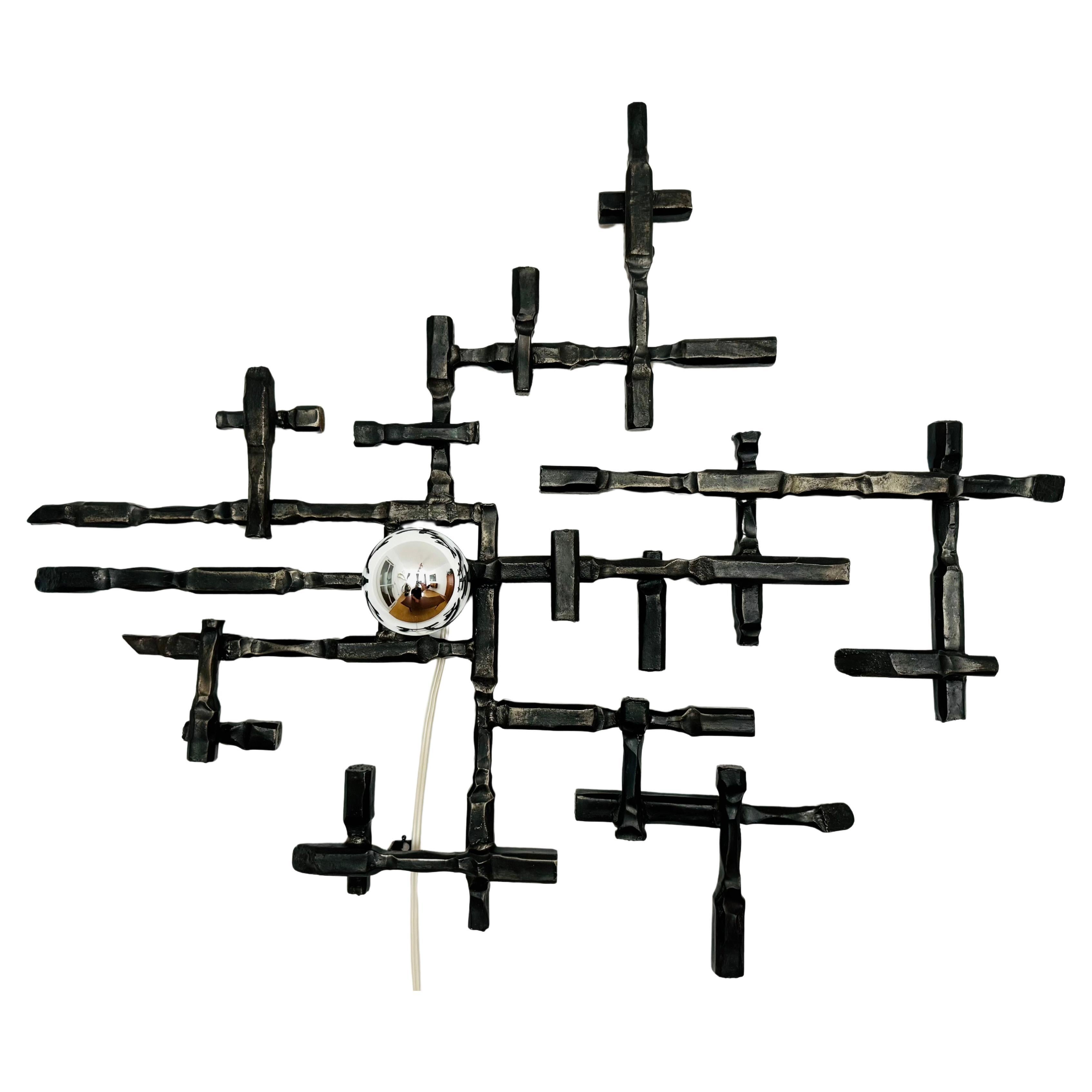 Large Mid-Century Modern Brutalist Wall Lamp or Iron Sculpture
