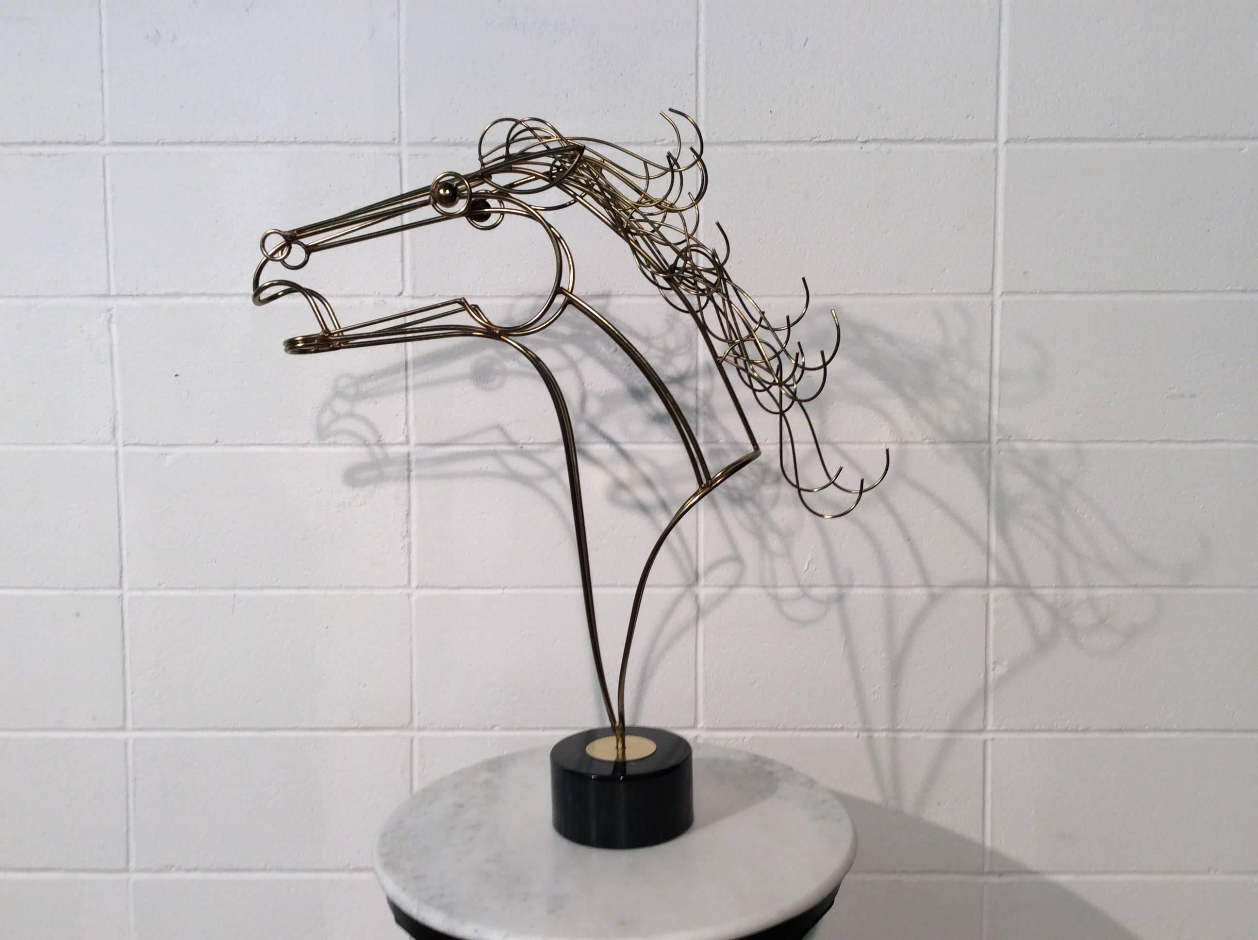 Large Mid-Century Modern C Jere Wire Horse Sculpture on a Black Marble Base In Good Condition In Marietta, GA