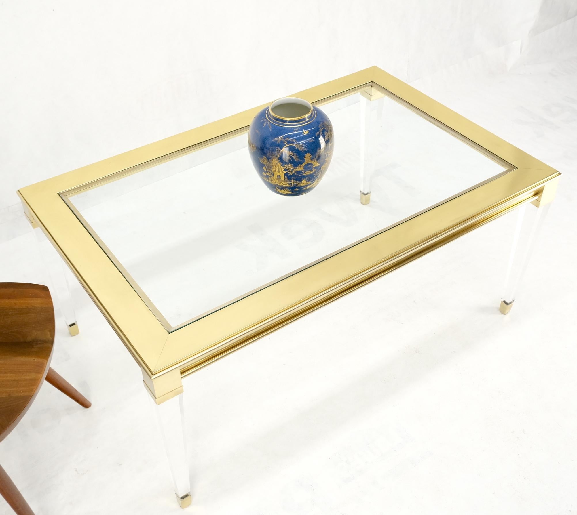 American Large Mid Century Modern c.1970's Lucite Brass Glass Top Rectangle Coffee Table  For Sale