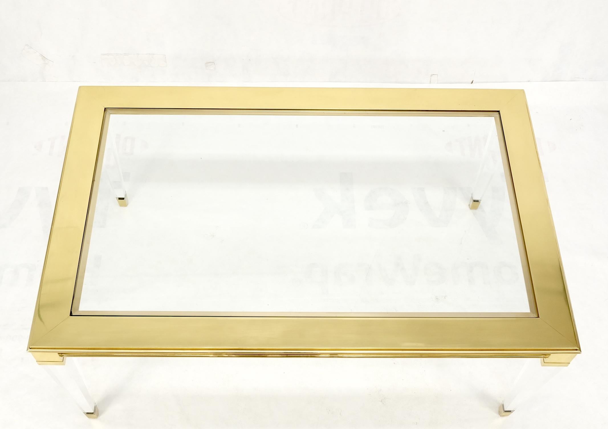 Large Mid Century Modern c.1970's Lucite Brass Glass Top Rectangle Coffee Table  In Good Condition For Sale In Rockaway, NJ