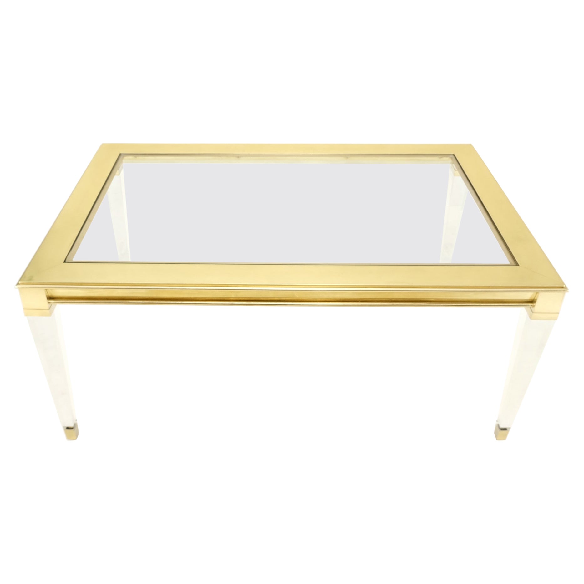 Grande tavolino da caffè rettangolare di metà secolo moderno, anni '70 circa, con piano di vetro in lucite e ottone