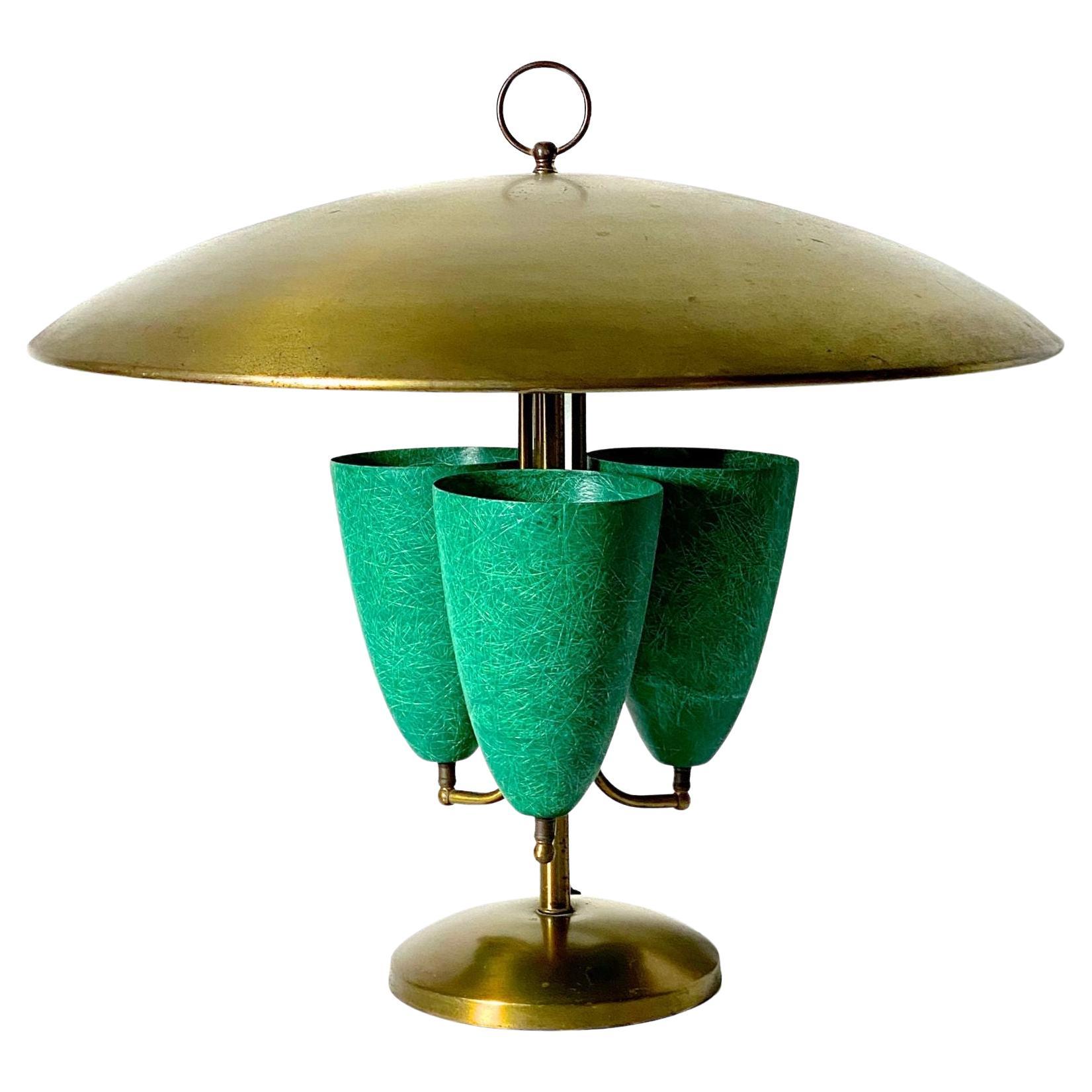 Large Mid Century Modern Canopy Table Lamp in Fiberglass and Brass, circa 1950's For Sale