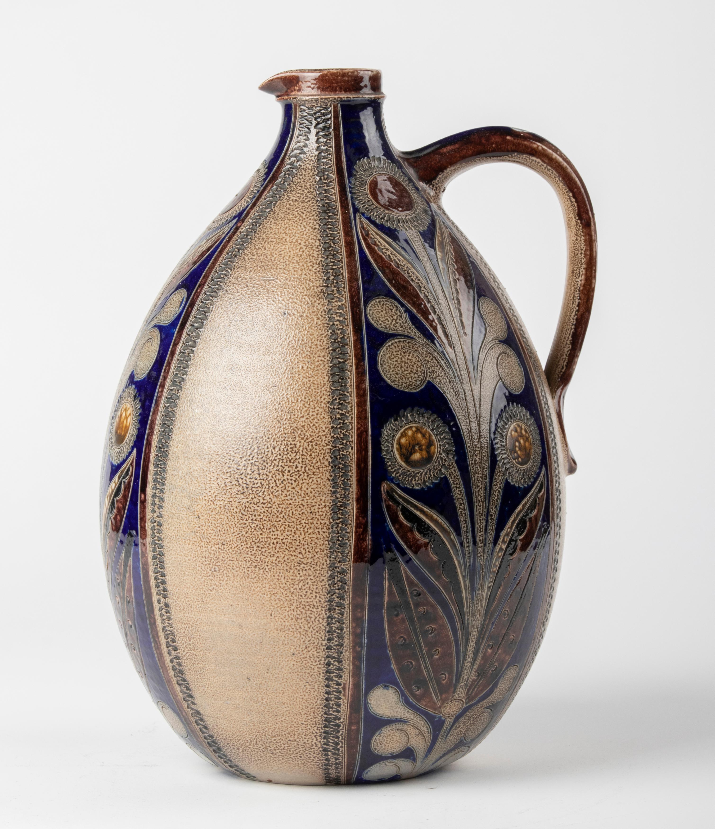 Hand-Crafted Large Mid-Century Modern Ceramic Jug with Cobalt Blue Decorations For Sale