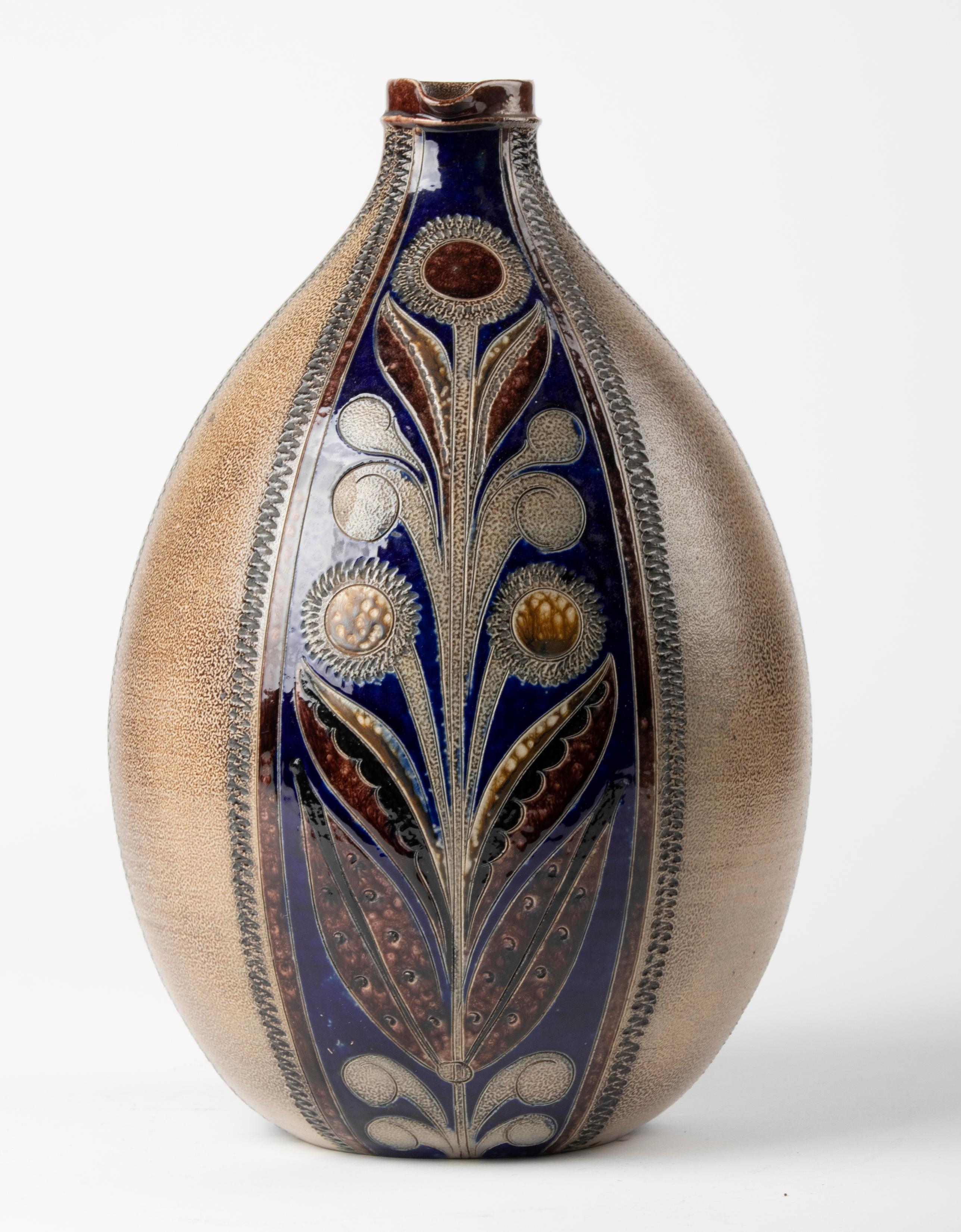 Stoneware Large Mid-Century Modern Ceramic Jug with Cobalt Blue Decorations For Sale