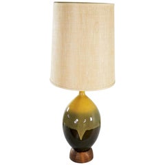 Large Mid-Century Modern Ceramic Table Lamp Brown and Golden Yellow Drip Glaze