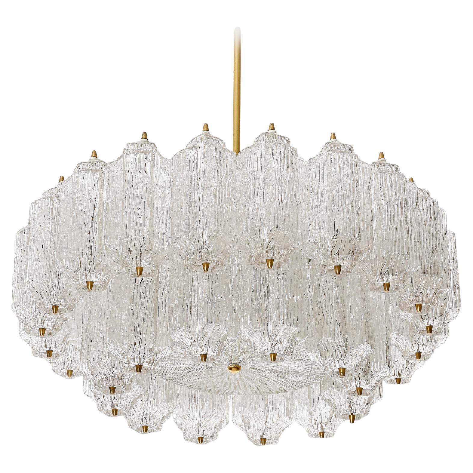 Austrian Large Mid-Century Modern Chandelier, Brass and Textured Glass, 1960s For Sale